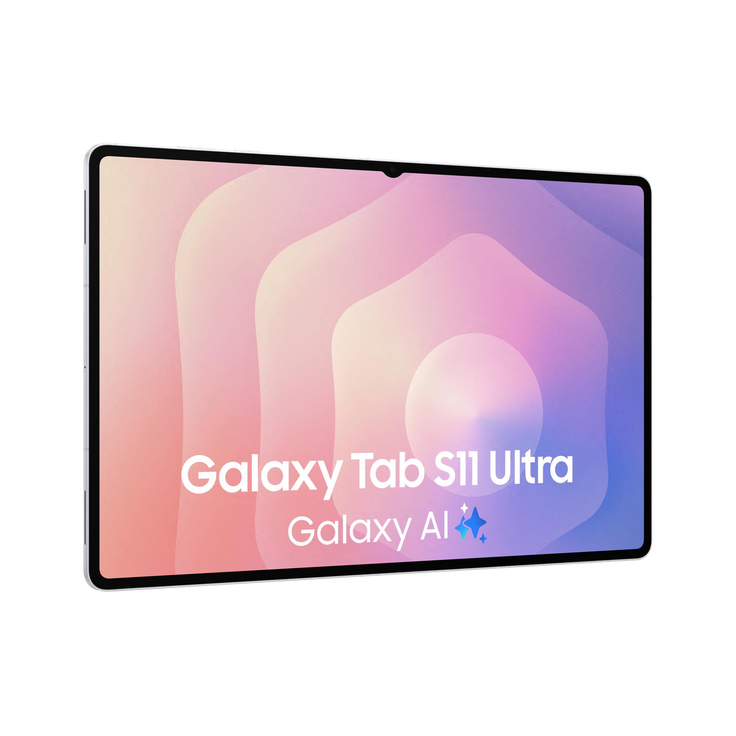 Een tablet met een achtergrond van roze, paars en blauw. Er staat "Galaxy Tab S11 Ultra Galaxy AI".
