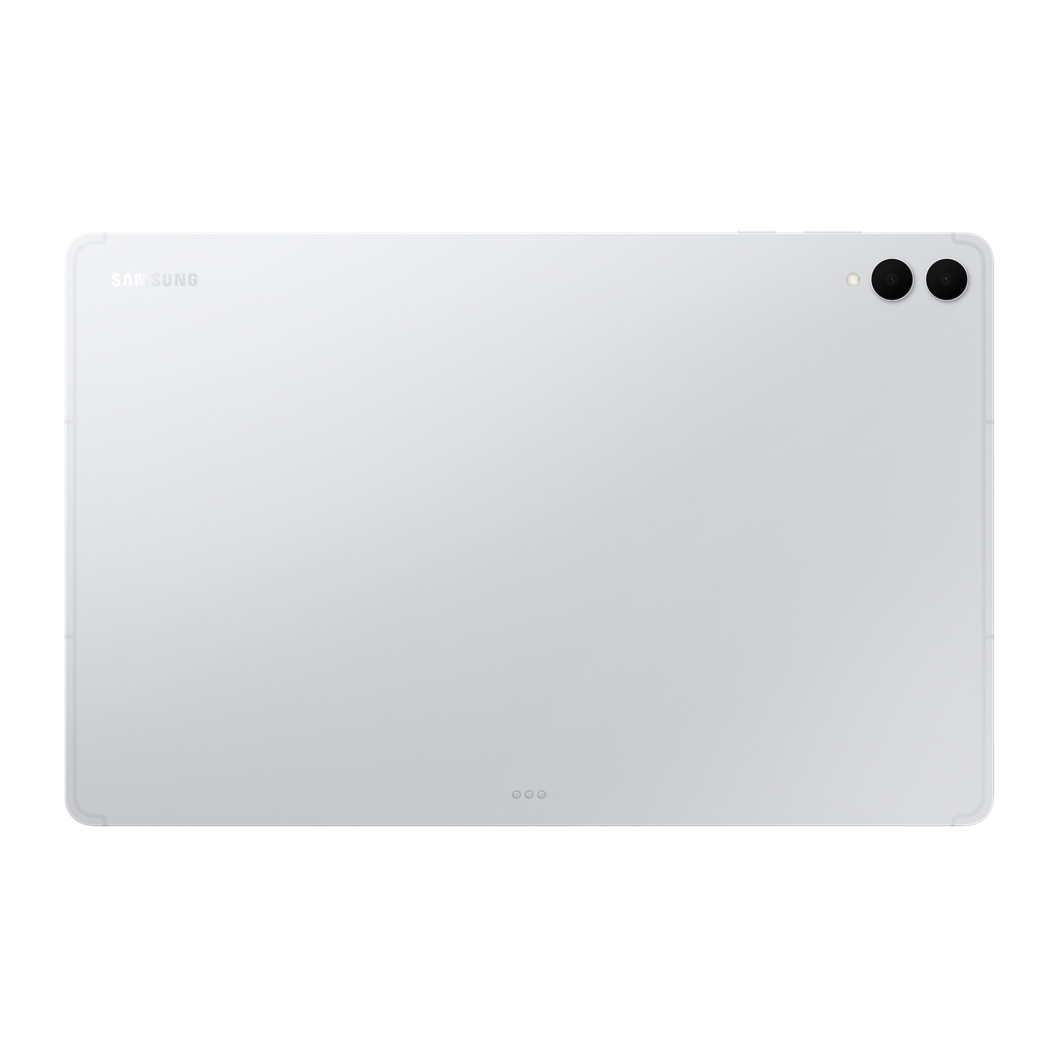 Een zilveren tablet met het Samsung-logo wordt getoond tegen een zwarte achtergrond. Het heeft twee camera's en drie kleine puntjes.