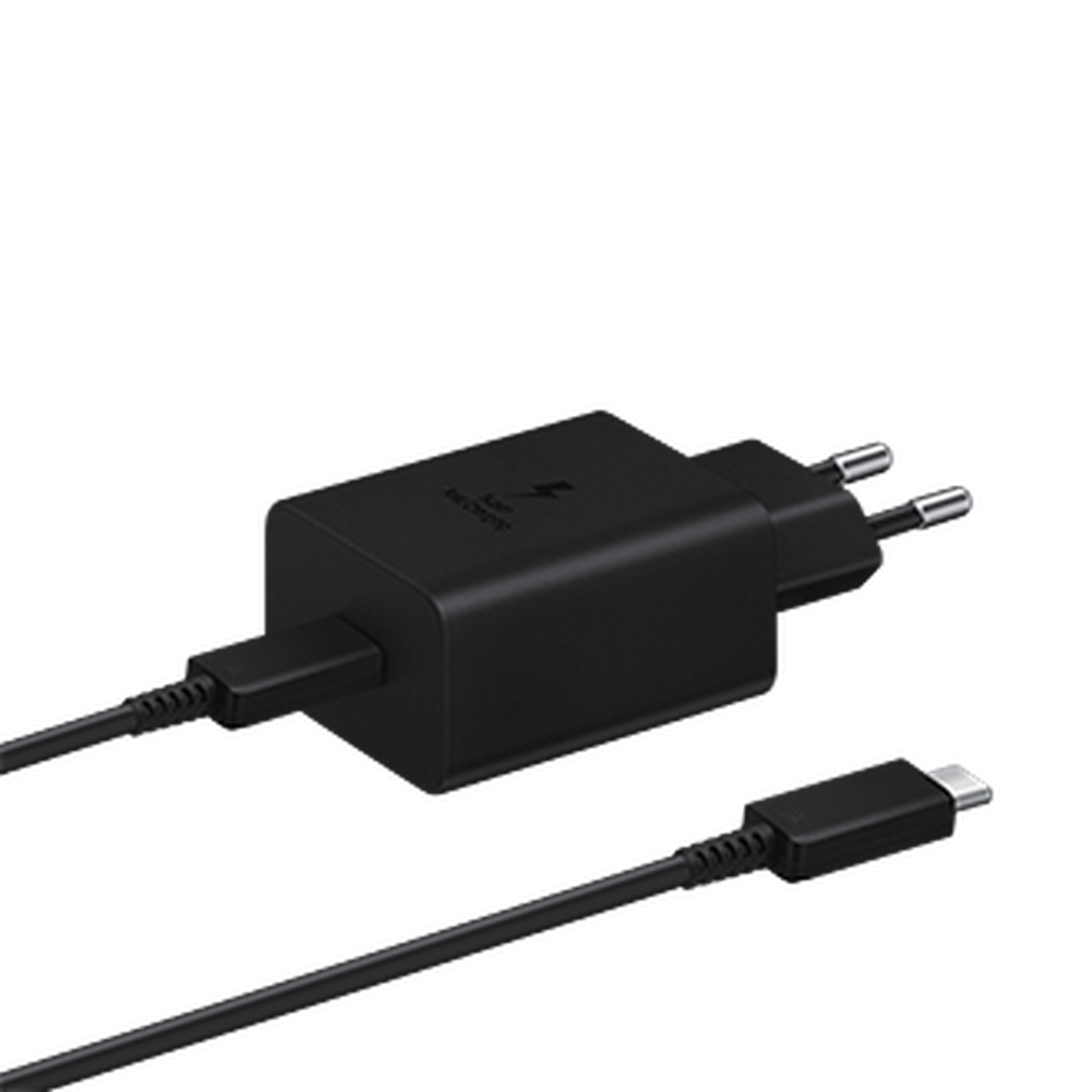 Zwarte Samsung telefoonoplader met een USB-C-kabel. De oplader heeft twee pinnen en een 'Super Fast Charging'-logo.