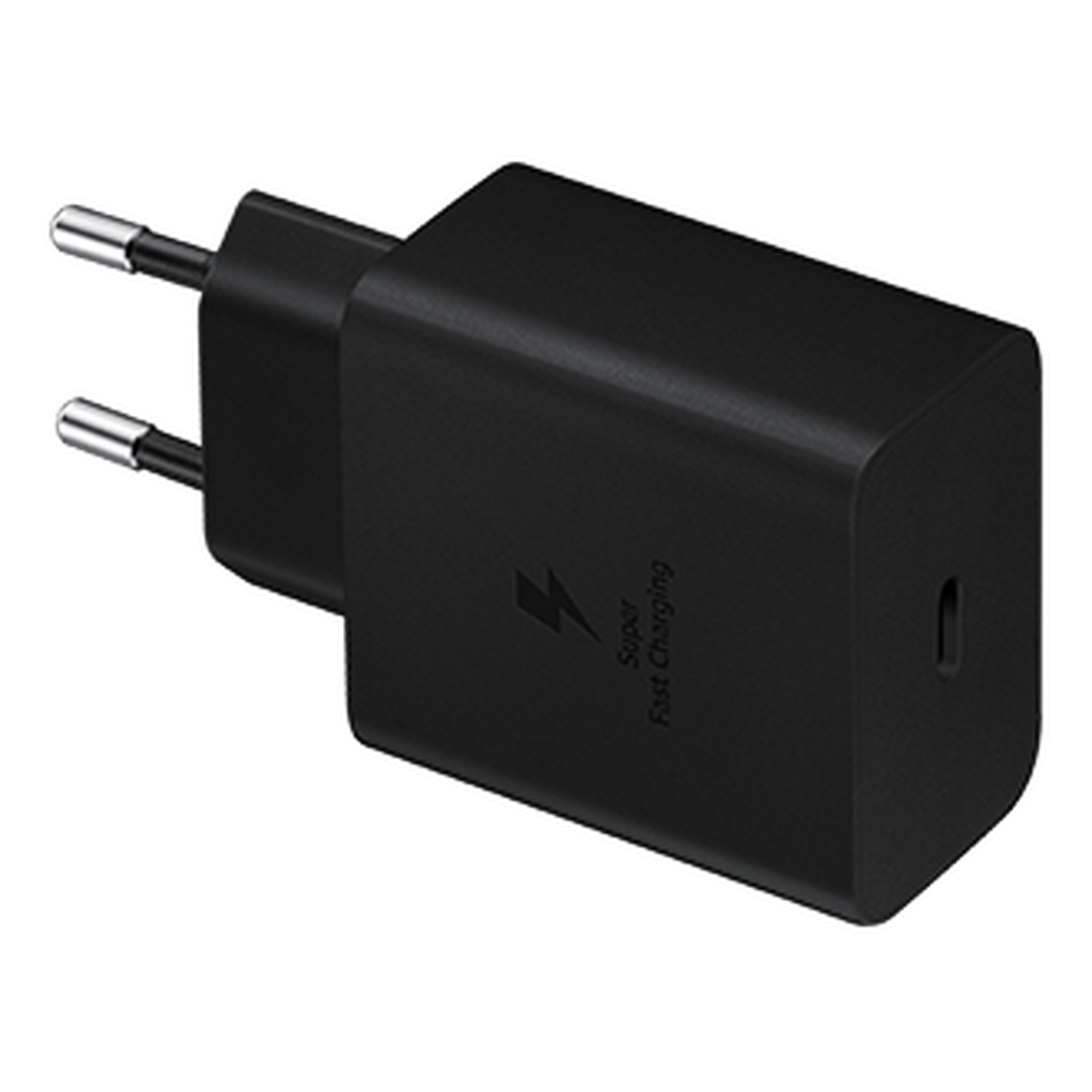 A black Samsung Super Fast Charging adapter with two silver prongs and a USB-C port.