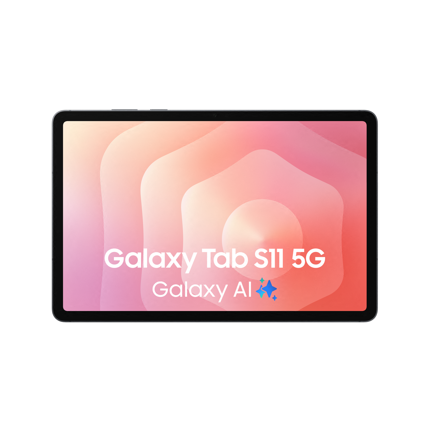 Een tablet met een zwart frame toont de woorden "Galaxy Tab S11 5G" en "Galaxy AI" op een roze en oranje achtergrond.