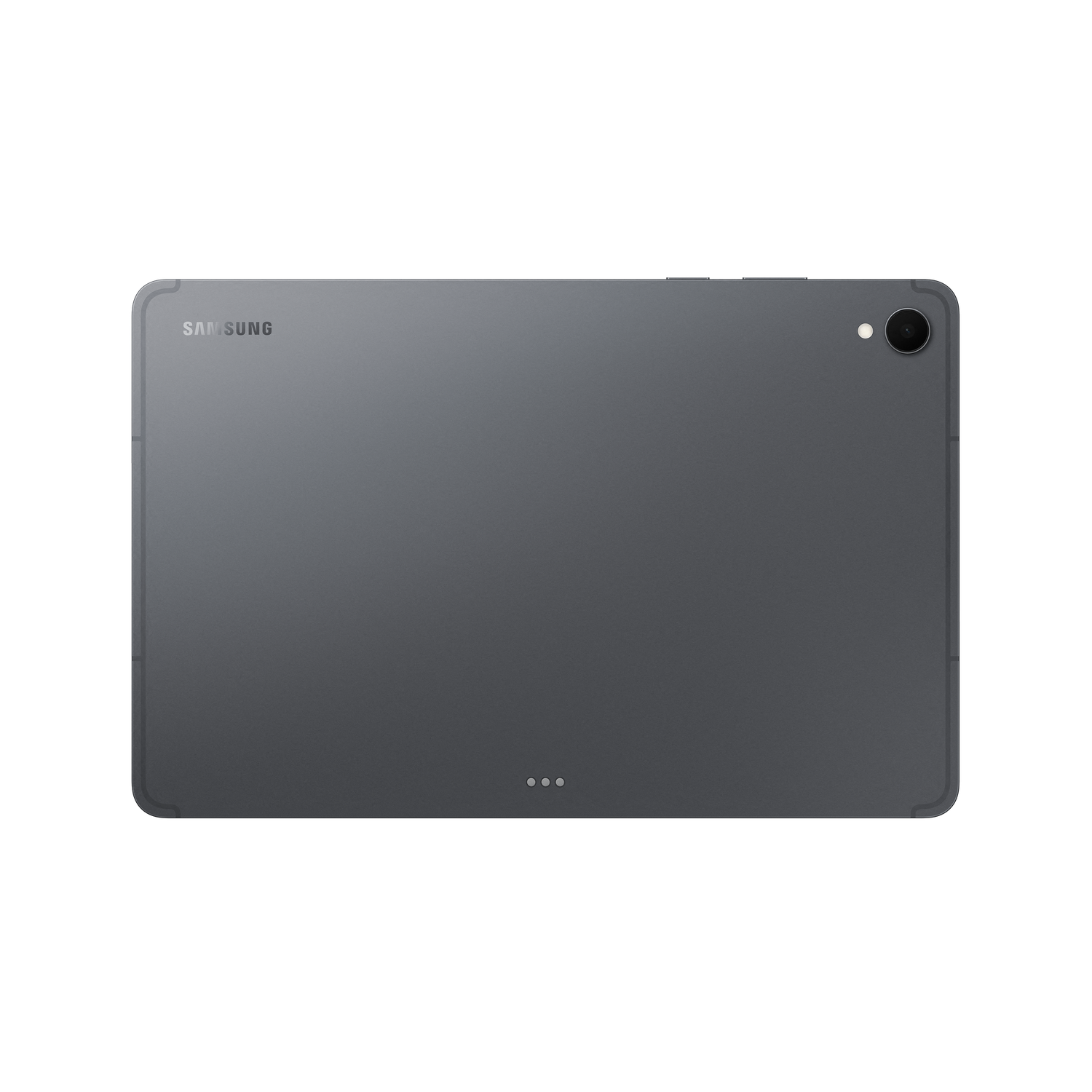 Donkergrijze Samsung tablet achterkant. Het heeft een camera, aan/uit-knoppen en een logo bovenaan. Drie stippen onderaan.