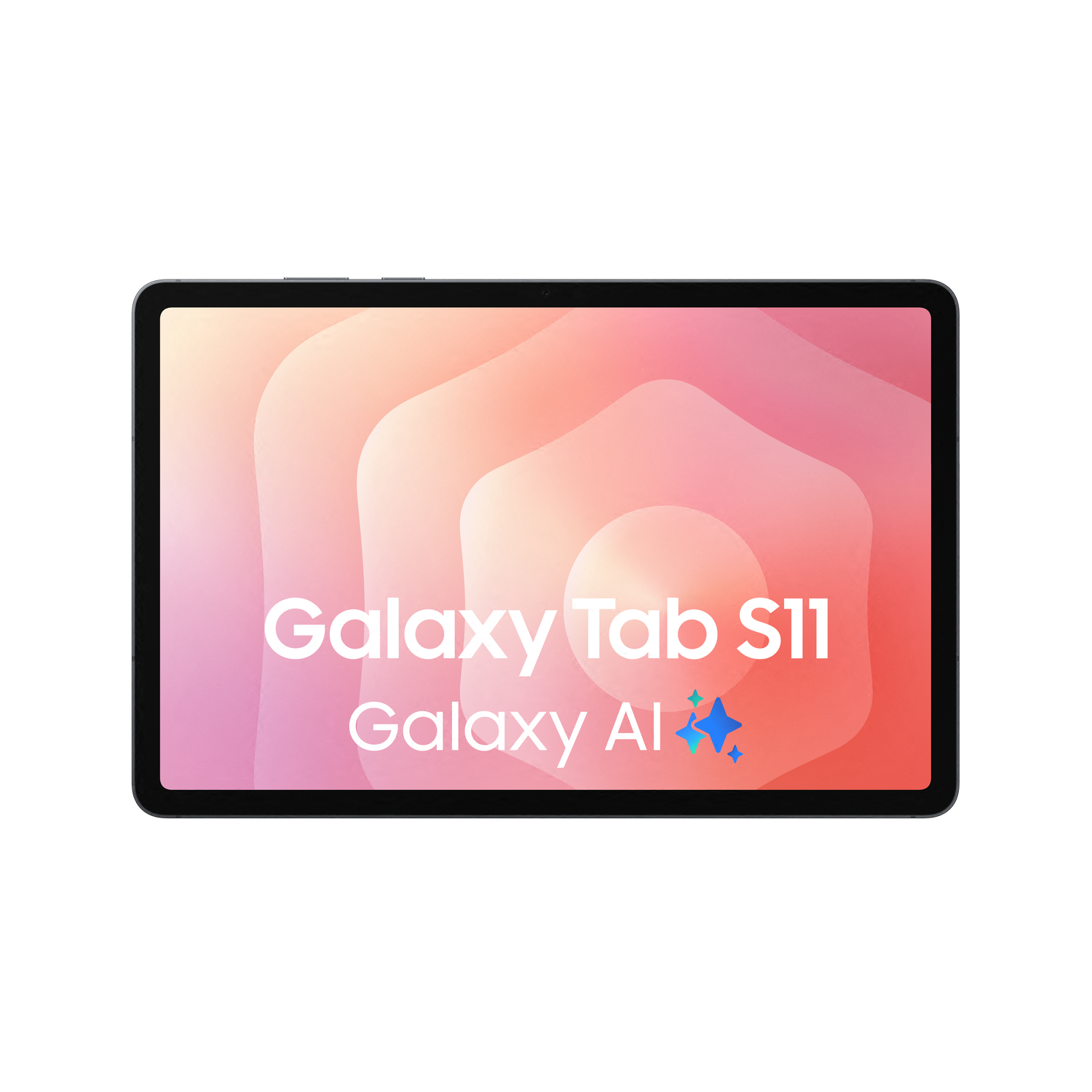 Een Galaxy Tab S11 op een zwarte achtergrond. De tablet toont een roze en oranje verloop met witte tekst en blauwe sterren.