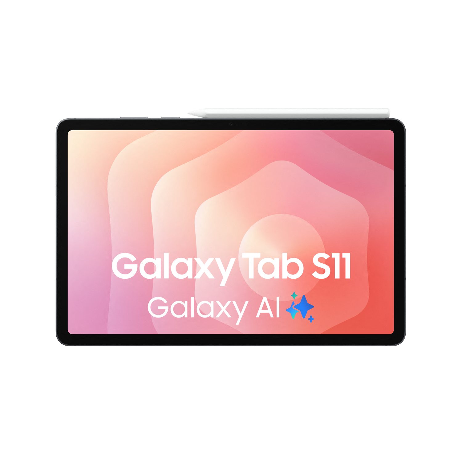Een Galaxy Tab S11 tablet met stylus. Het scherm toont een roze en oranje achtergrond met de tekst 'Galaxy Tab S11'.