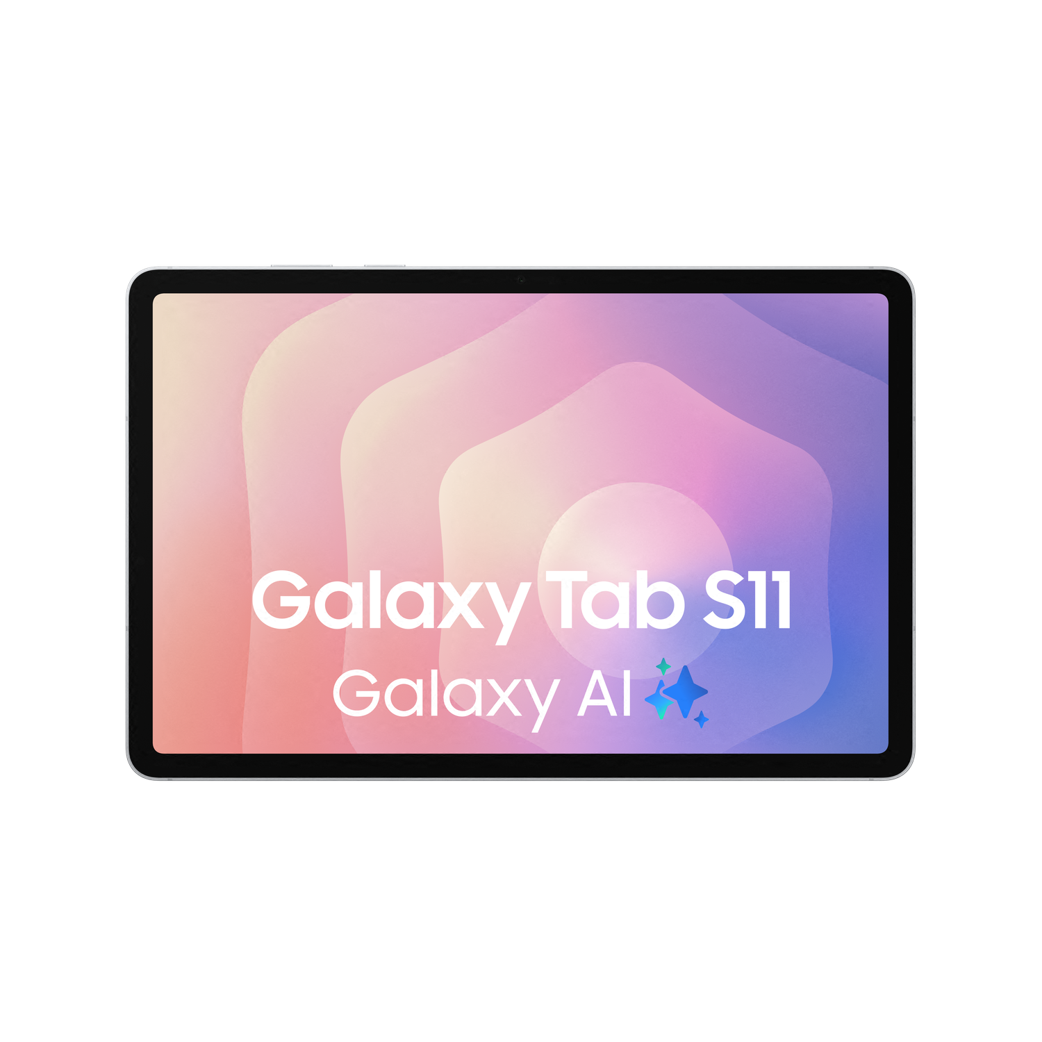 Een tablet met de tekst 'Galaxy Tab S11 Galaxy AI' op het scherm. De achtergrond is een verloop van roze, paars en blauw.
