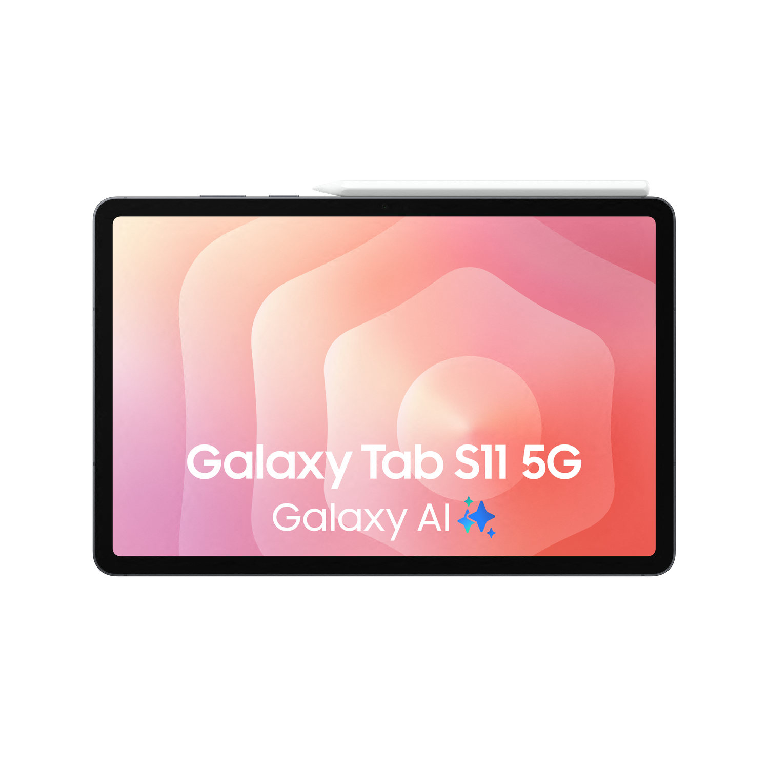 Een zwarte tablet met een stylus erop. Het scherm toont "Galaxy Tab S11 5G" en "Galaxy AI". De achtergrond is abstract.