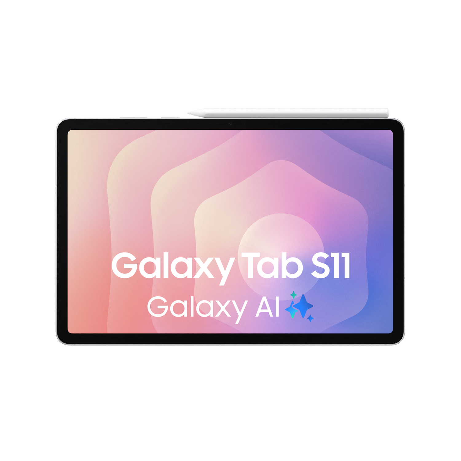 Een tablet met stylus op zwarte achtergrond. De tablet toont de tekst Galaxy Tab S11 en Galaxy AI.
