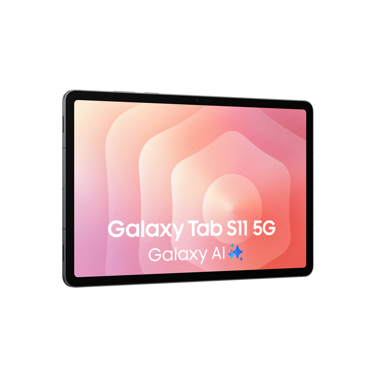 Een Samsung Galaxy Tab S11 5G tablet. Het scherm toont een gradiënt achtergrond met tekst 'Galaxy Tab S11 5G Galaxy AI'.