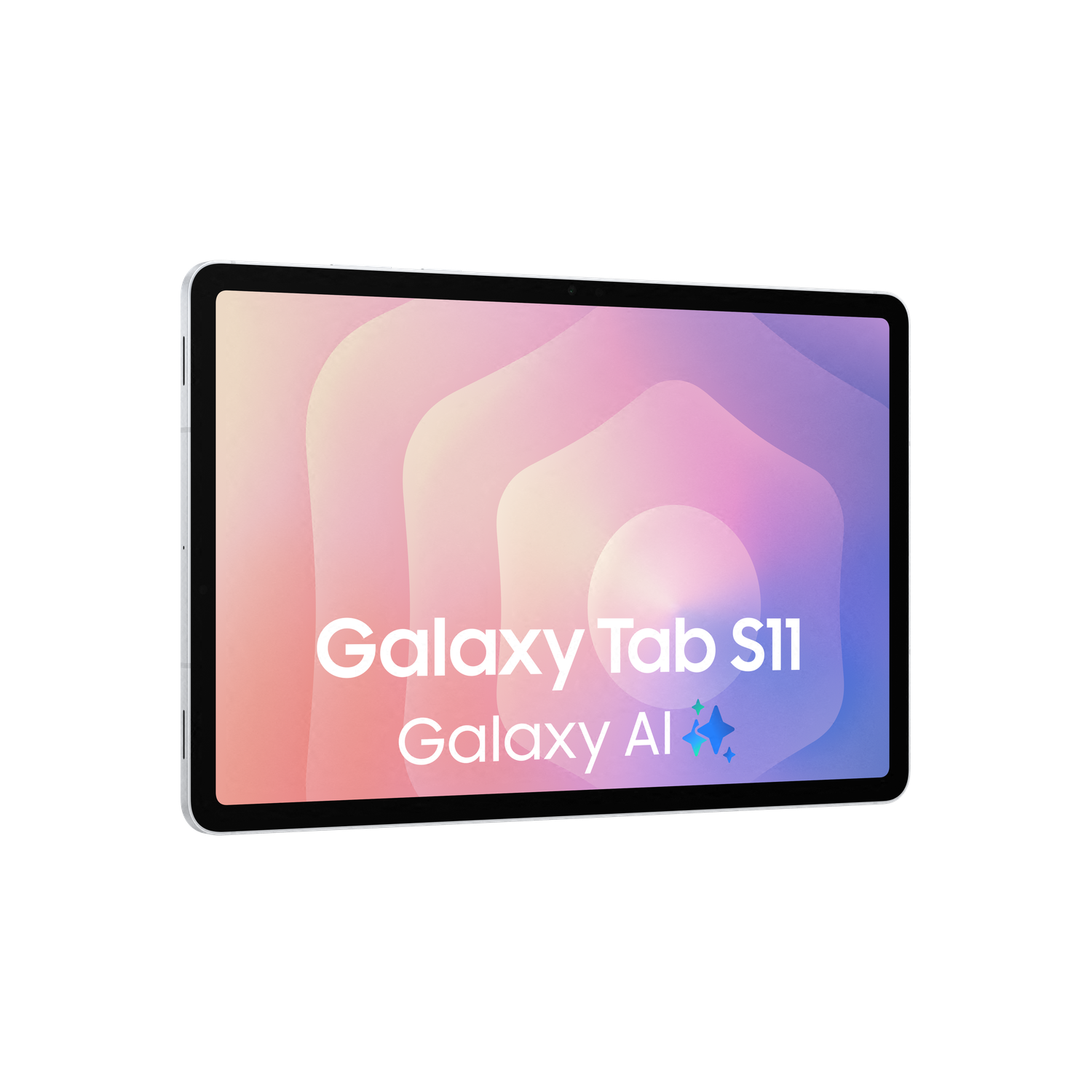 Een Galaxy Tab S11-tablet wordt weergegeven op een zwarte achtergrond. Het scherm toont een abstract, kleurrijk ontwerp en de tekst 'Galaxy Tab S11 Galaxy AI'.