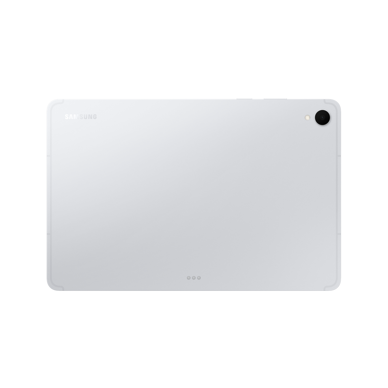 Een zilveren Samsung-tablet tegen een zwarte achtergrond. Het heeft een camera aan de achterkant, het Samsung-logo en drie kleine stippen onderaan.