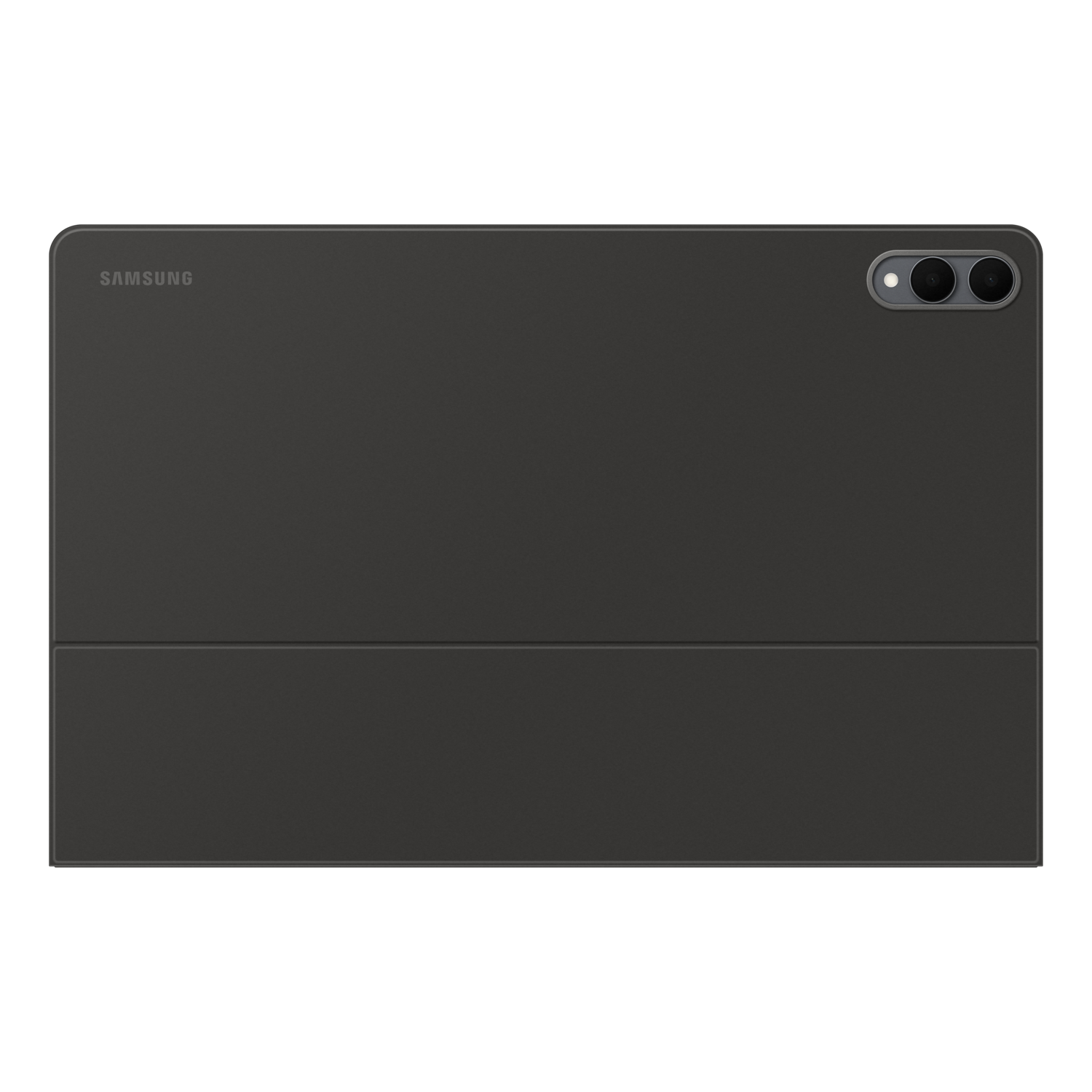 Dark gray tablet with Samsung logo. Two cameras on the top right corner. The bottom part is folded as a cover.