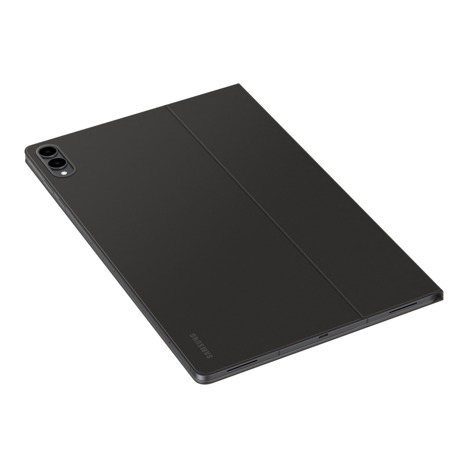 A black Samsung tablet with a cover is displayed on a black background. The cover is folded open, revealing the tablet's screen.
