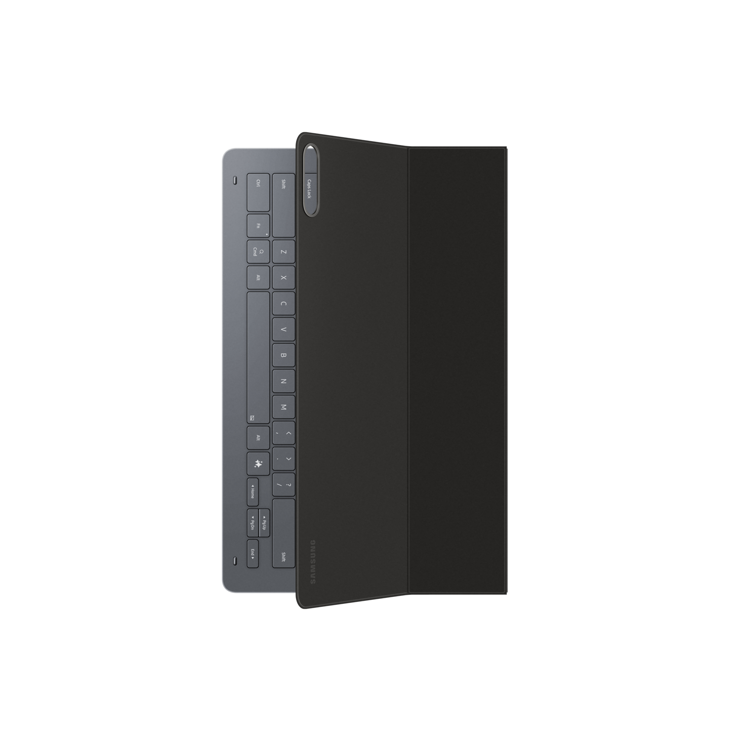 A dark gray keyboard and a black cover are on a black background. The keyboard has white letters. The cover has the Samsung logo.