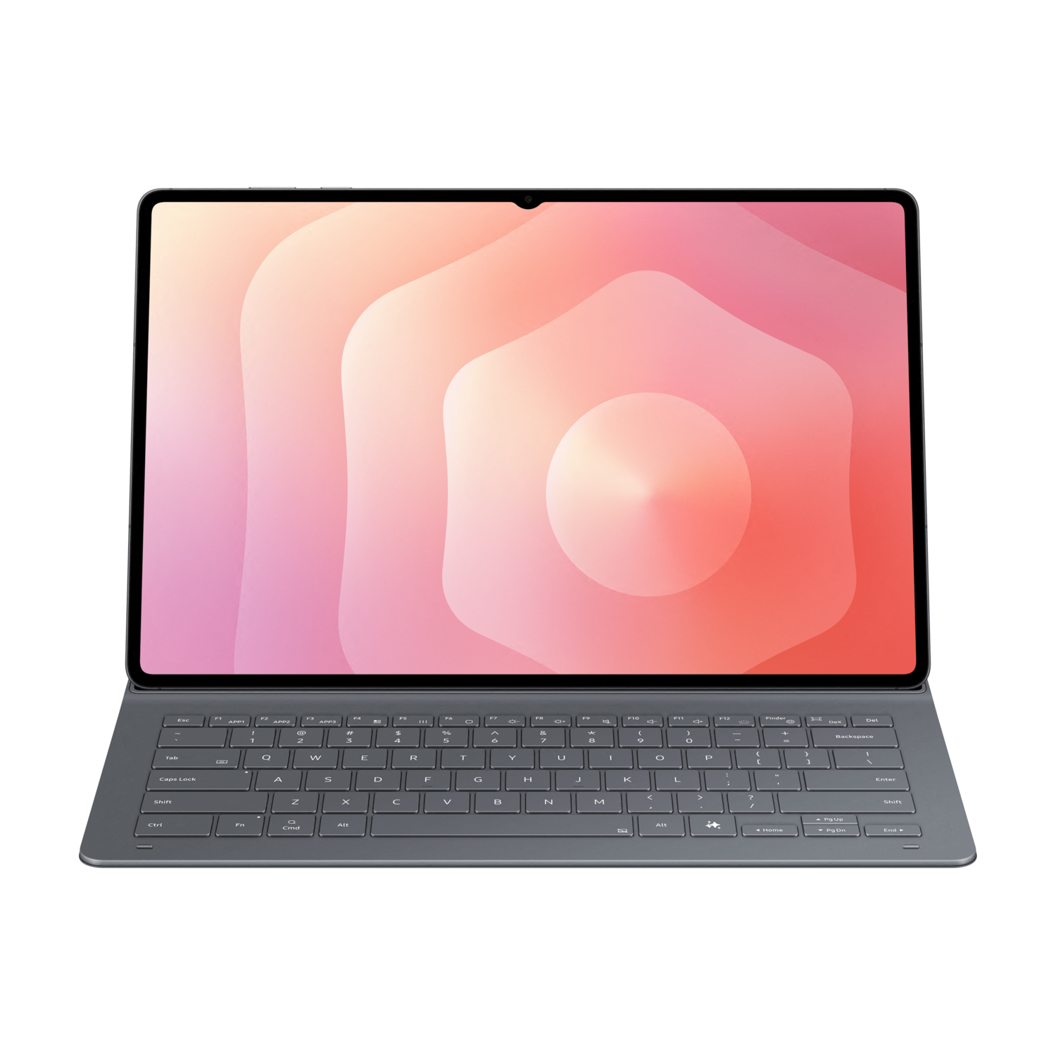 A tablet with a dark grey keyboard attached. The screen displays a pink and orange gradient. Black background.