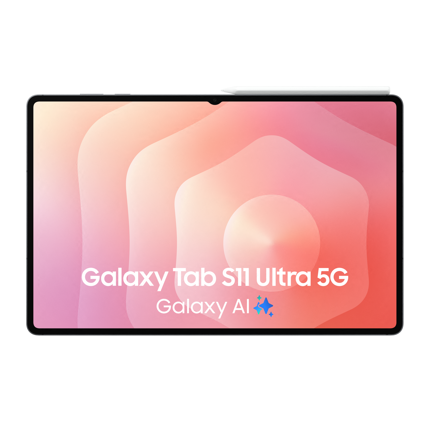 A Galaxy Tab S11 Ultra 5G tablet with a stylus on top. The screen displays a gradient background with the text 'Galaxy Tab'.