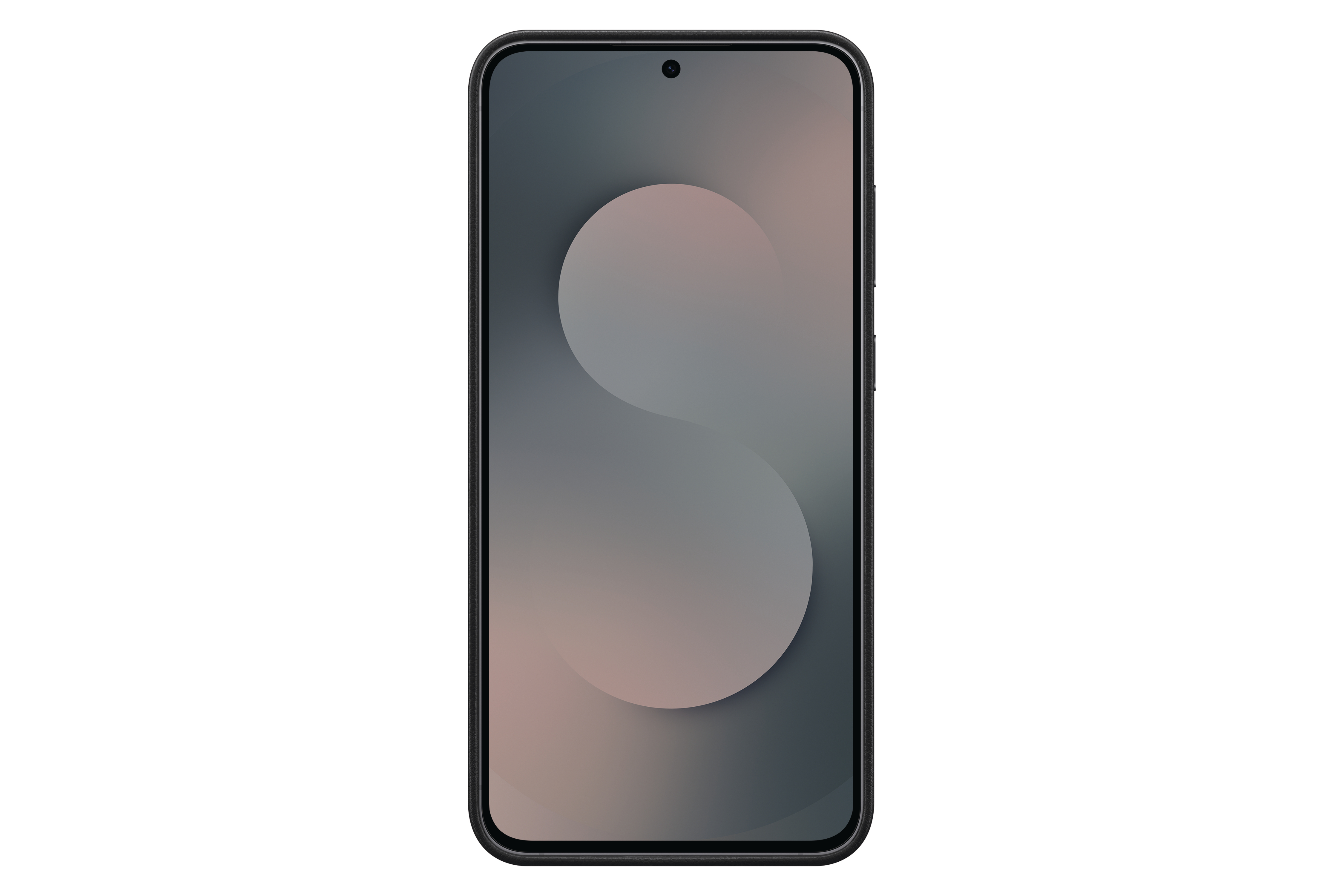 Ein Smartphone mit dunklem Bildschirm, der einen Grau- und Rosafarbverlauf zeigt, und einem schwarzen Rahmen auf weißem Grund.