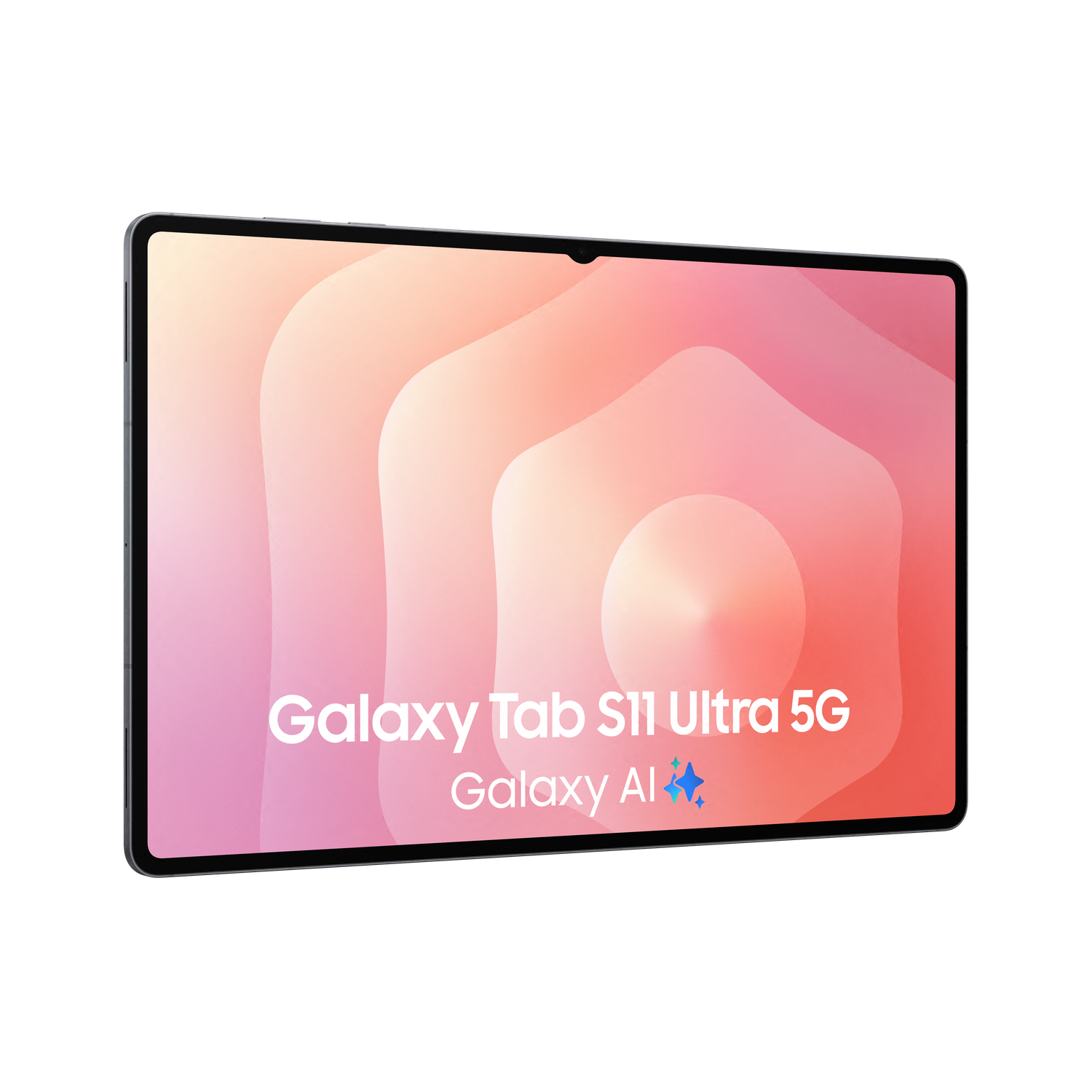 A black Galaxy tablet displays the 'Galaxy Tab S11 Ultra 5G' logo. The screen has a gradient of pink and white colors on a black background.