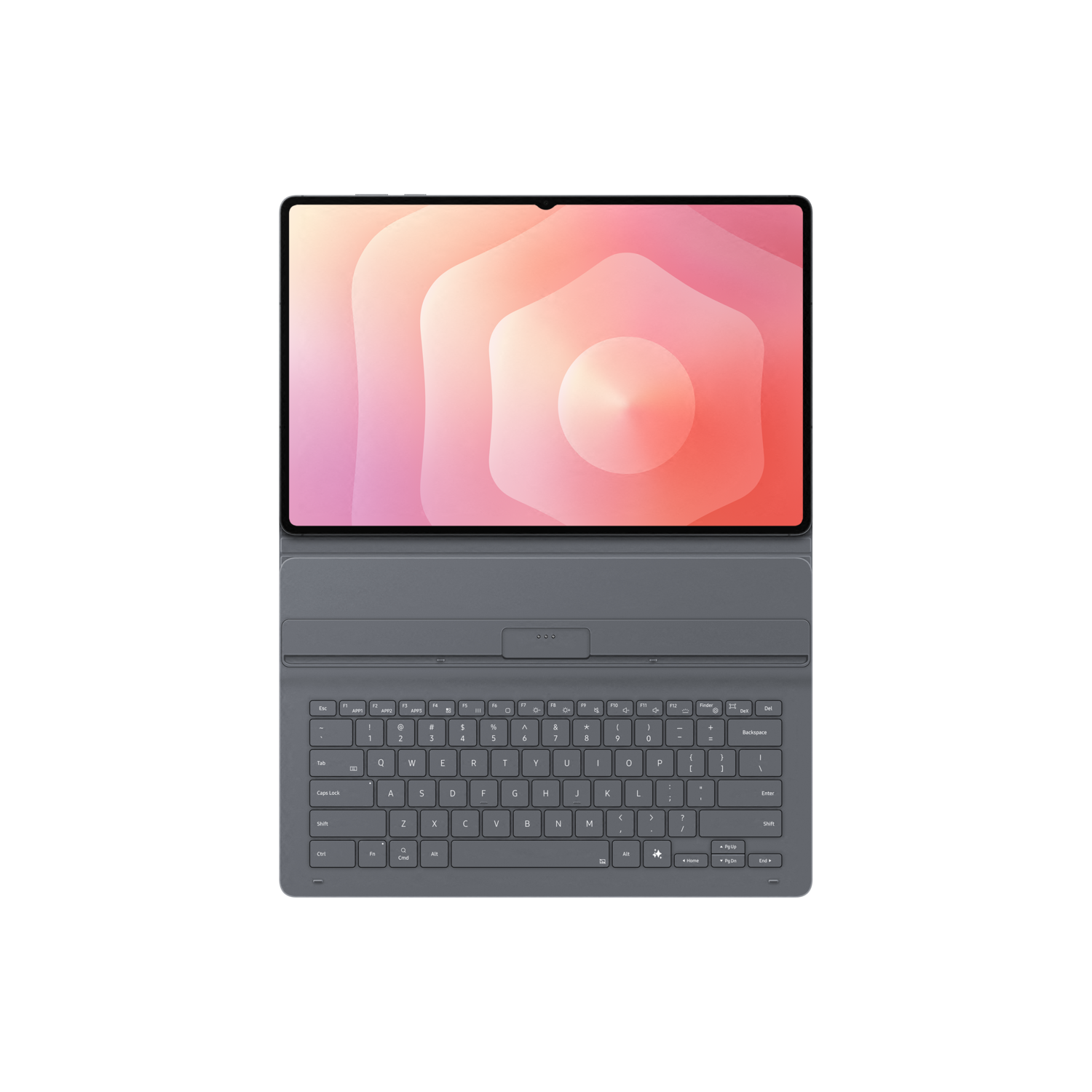 A tablet with a keyboard attached. The tablet displays an abstract pink and orange design. The keyboard is gray.