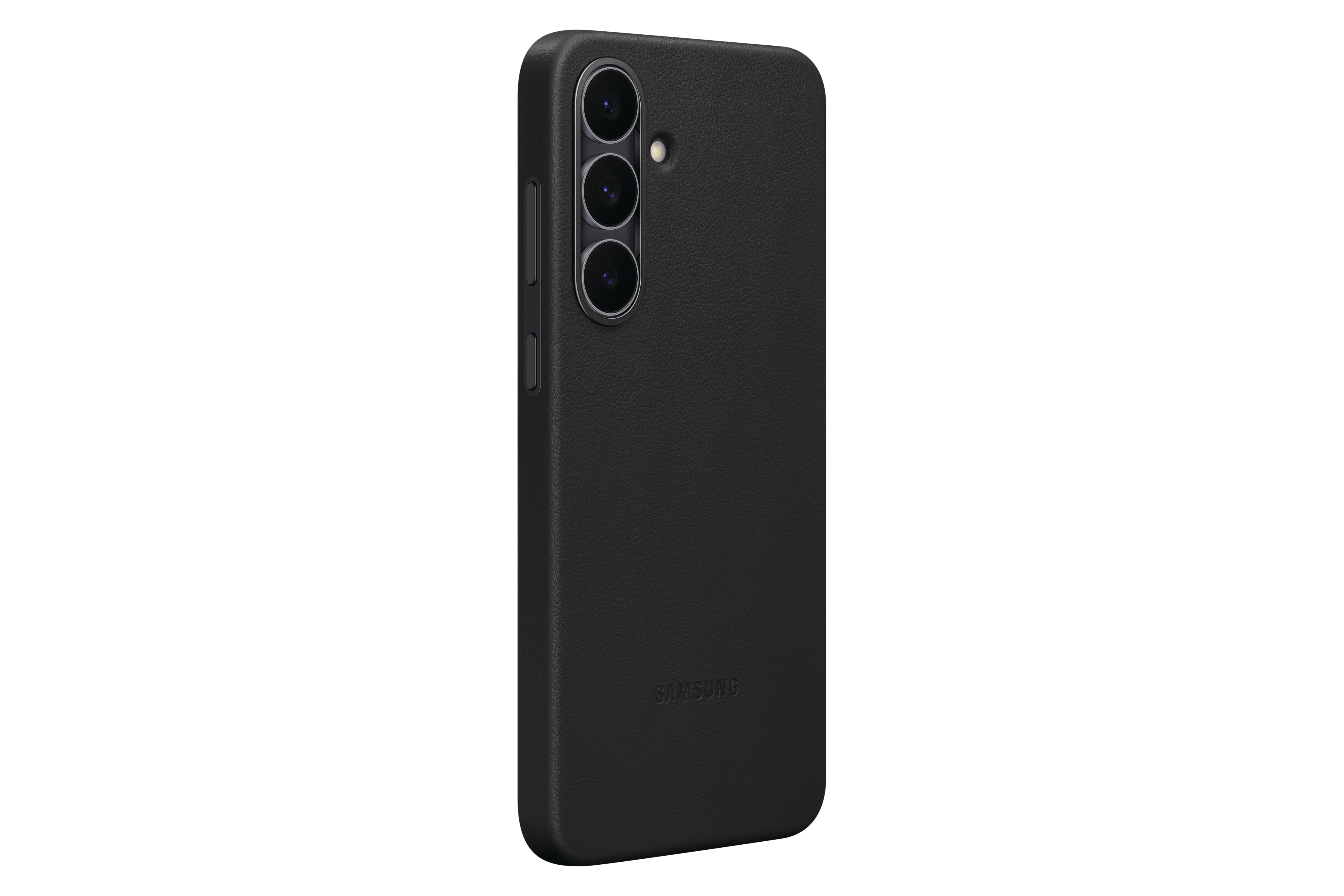 Eine schwarze Handyhülle mit drei Kameralinsen vor weißem Hintergrund. Das Samsung-Logo ist sichtbar.