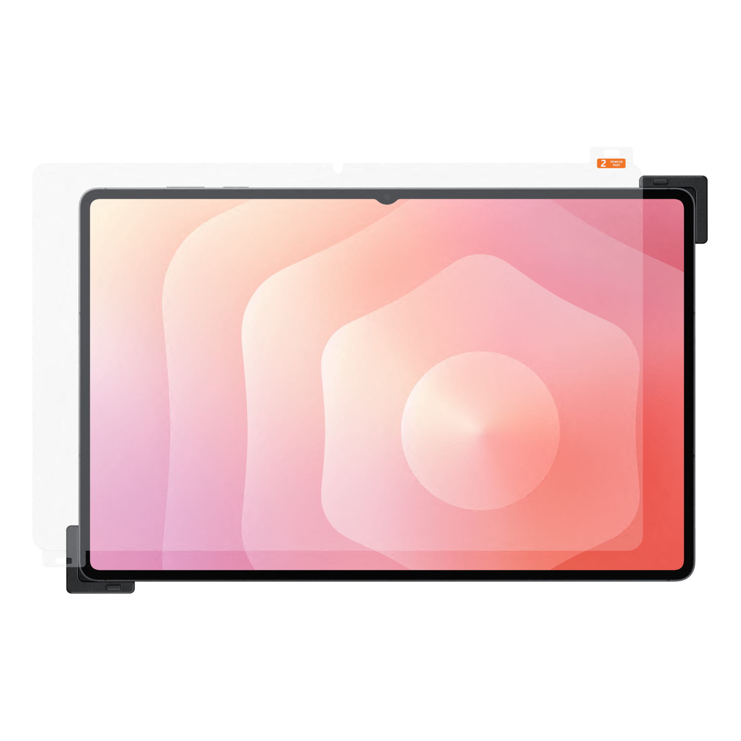 Tablet with screen protector. Screen shows a gradient of pink and orange. Protector has a remove label. Black background.