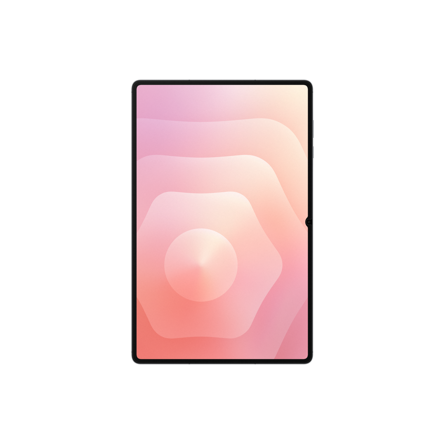A tablet with a pink and peach gradient screen is centered on a black background. The tablet has a silver frame.
