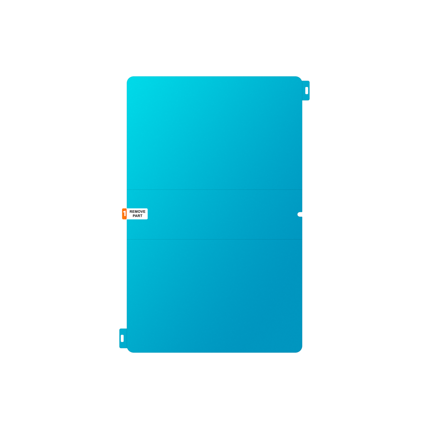 A rectangular object with a gradient blue color. It has a small orange sticker that says 'REMOVE PART' and a number 1.