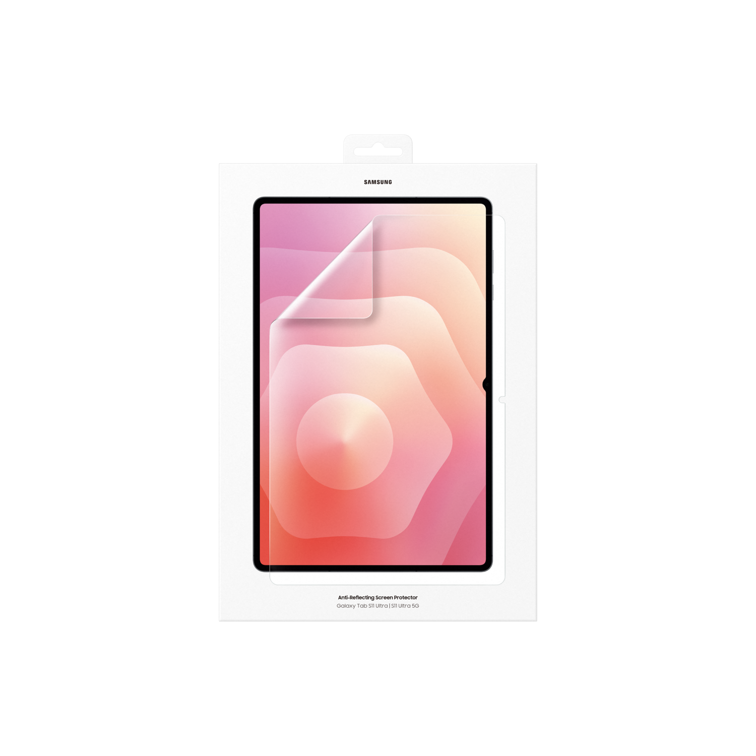 A Samsung screen protector box. The box shows a tablet screen with a screen protector applied, with a colorful abstract background.