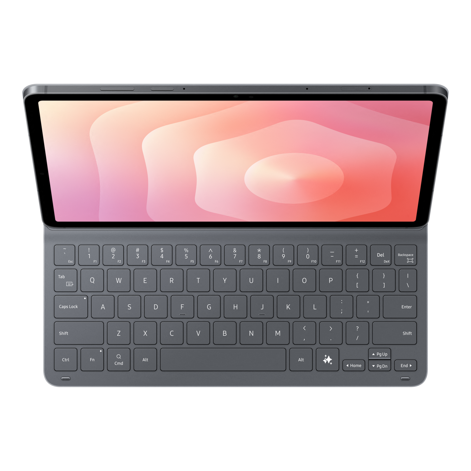 A tablet with a keyboard is open. The screen displays a colorful abstract design. The keyboard is dark gray.