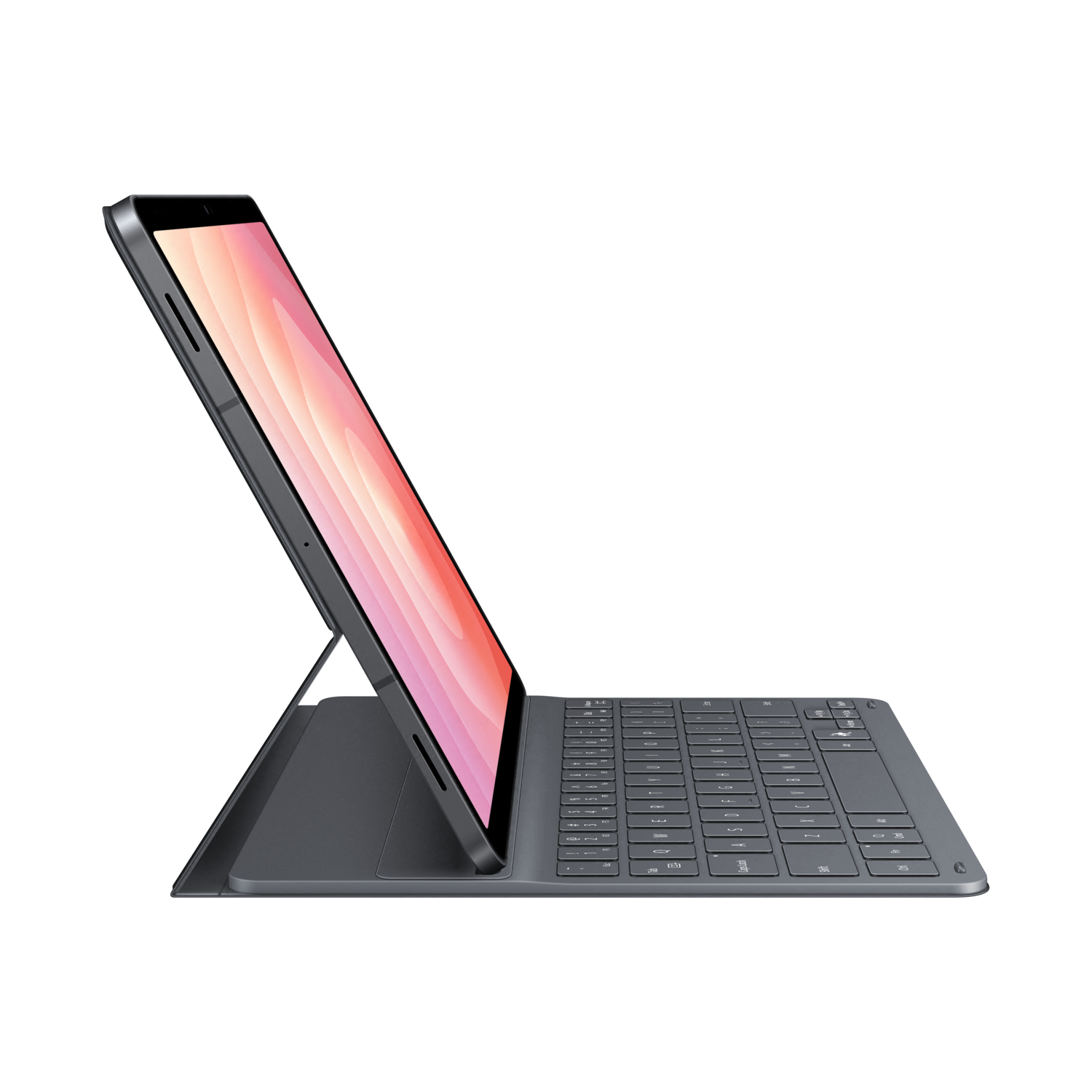 A dark gray tablet with a keyboard is open. The screen displays a pink and white gradient. The background is black.