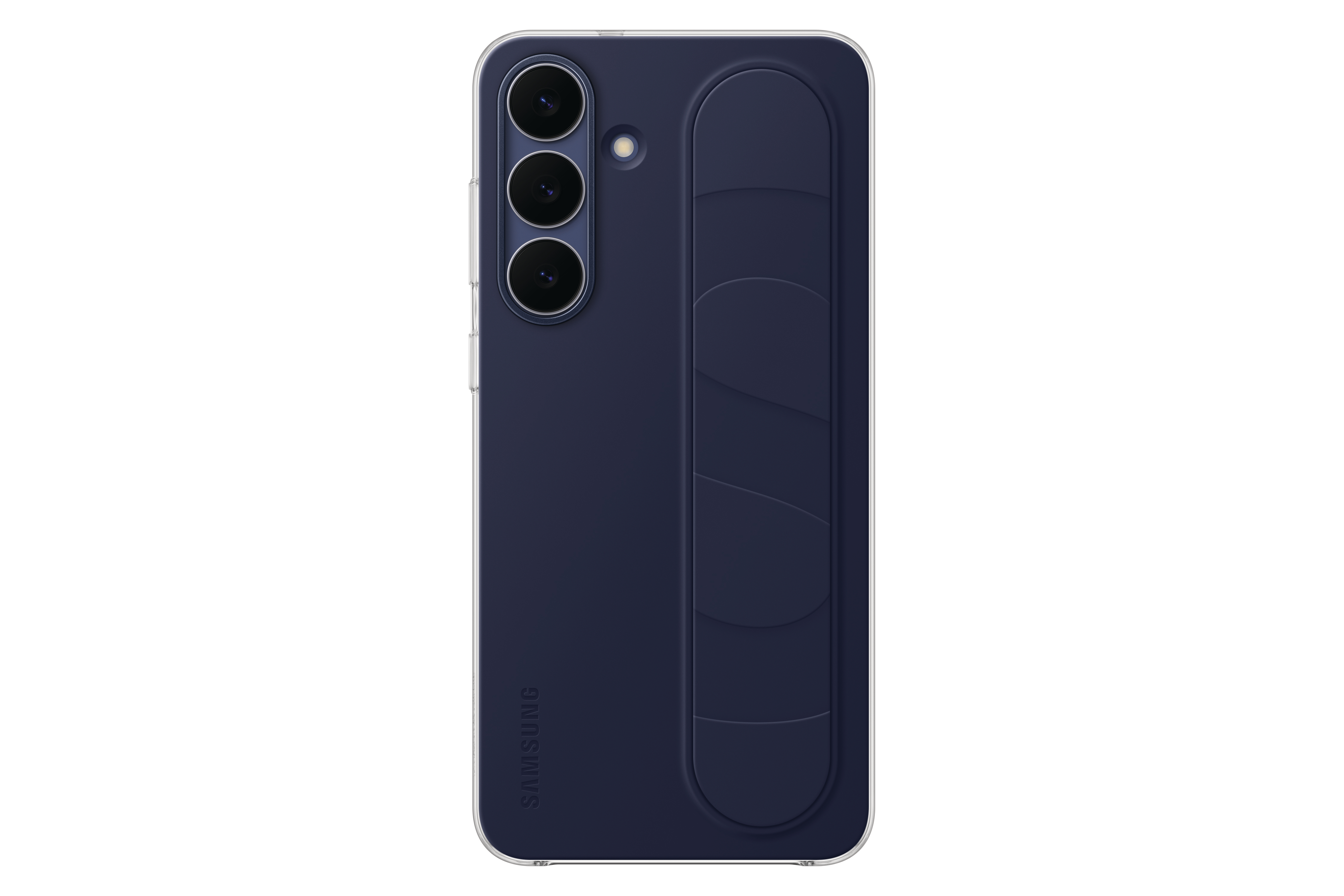 Eine marineblaue Samsung-Handyhülle. Sie hat drei Kameralinsen und eine Griffvorrichtung. Das Samsung-Logo ist sichtbar.