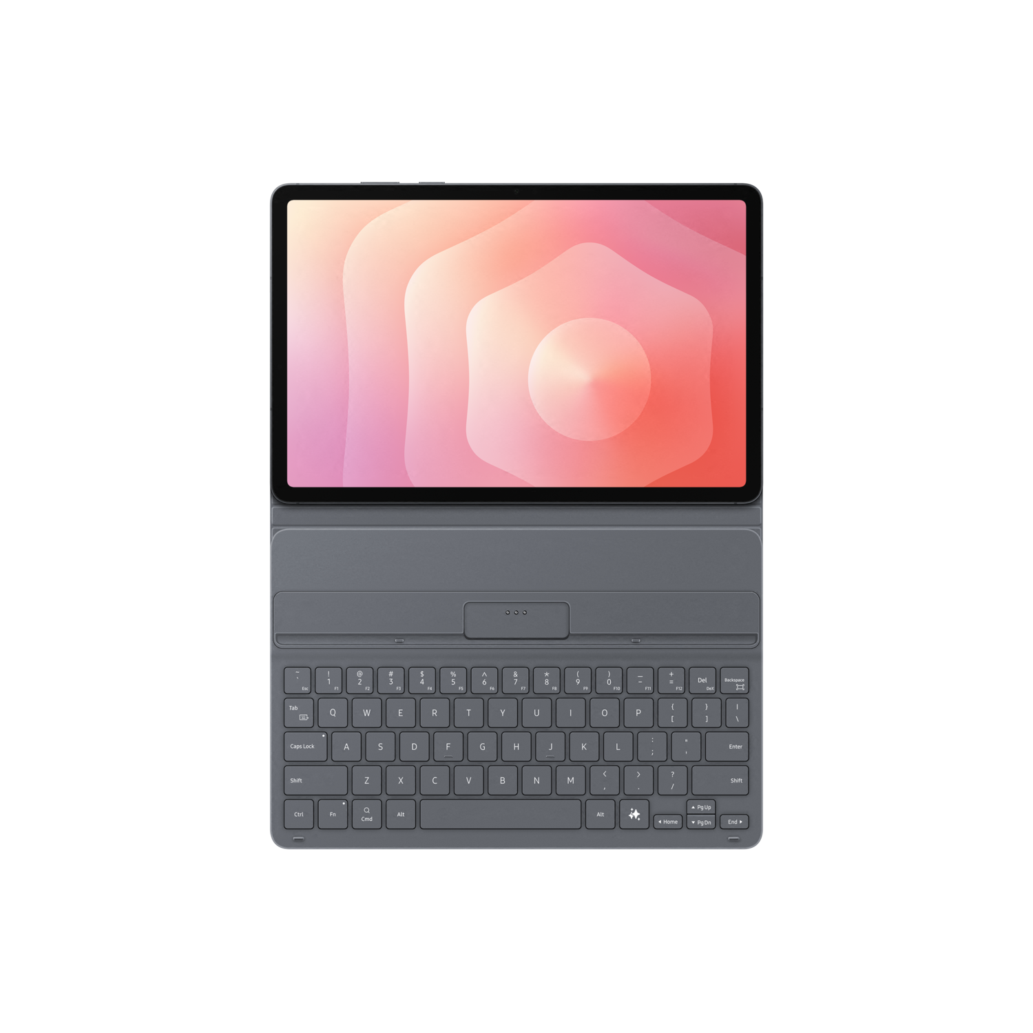 A tablet with a keyboard case. The screen shows a colorful abstract design. The keyboard is dark gray.