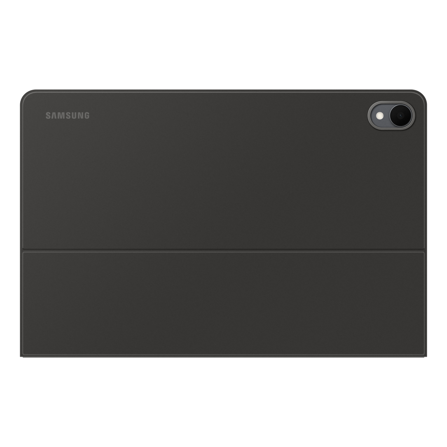 A dark gray Samsung tablet cover with a camera lens and the brand name. The cover is folded.