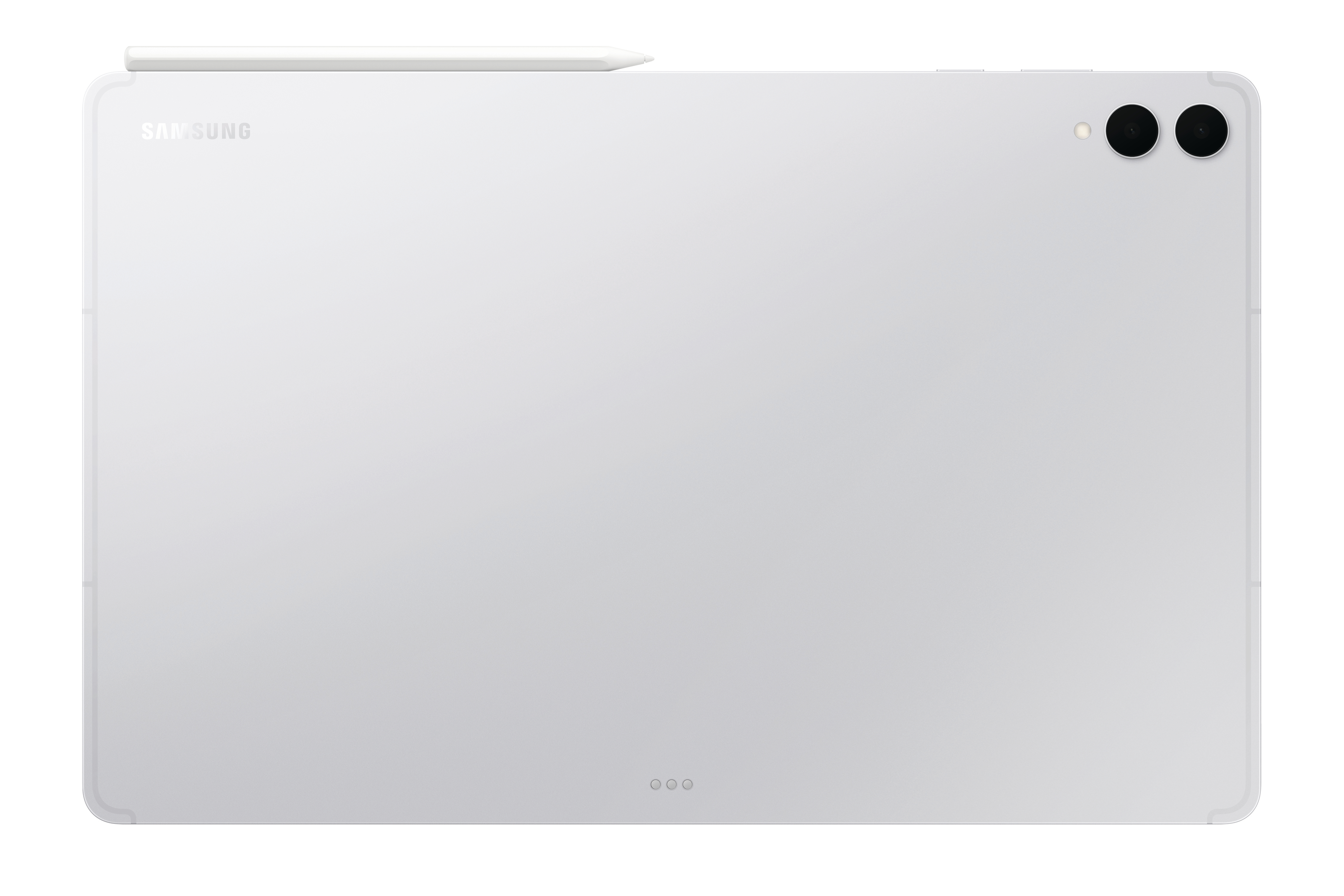 Ein weißes Tablet mit Stift, zwei Kameras und Samsung-Logo.