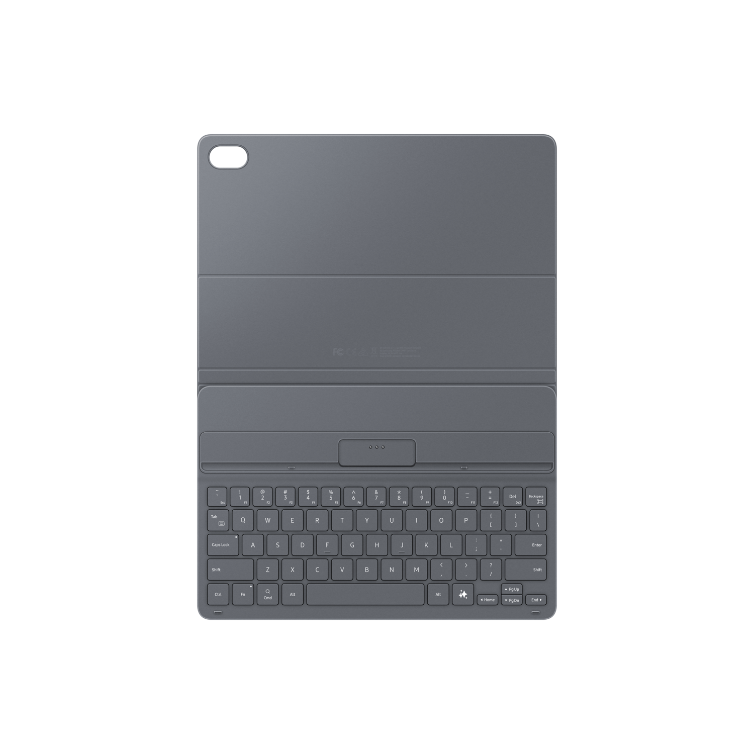 A gray tablet keyboard case on a black background. The case is open, revealing a keyboard. Top has a camera cutout.