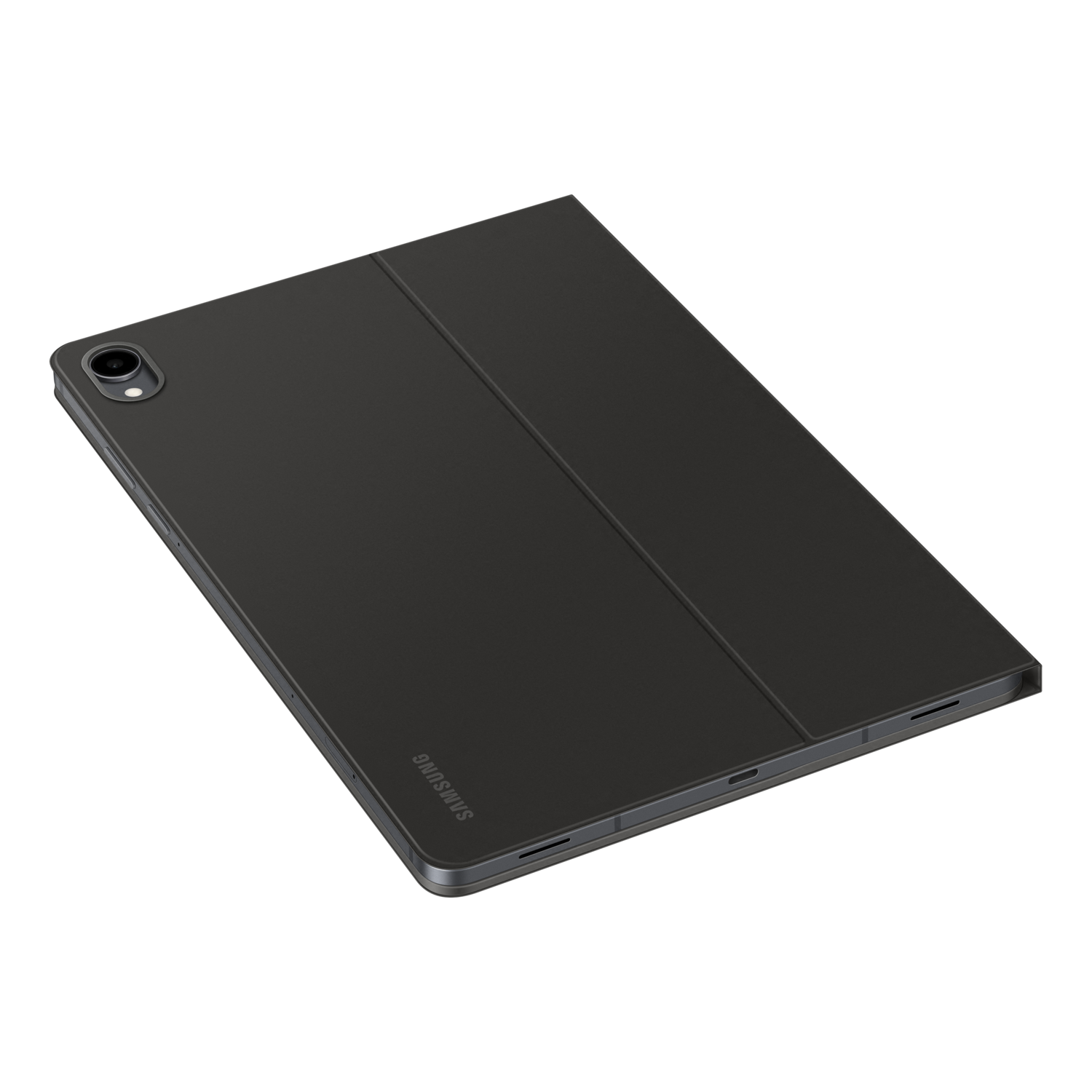A black Samsung tablet with a cover is on a black background. The cover is partially open, revealing the screen.