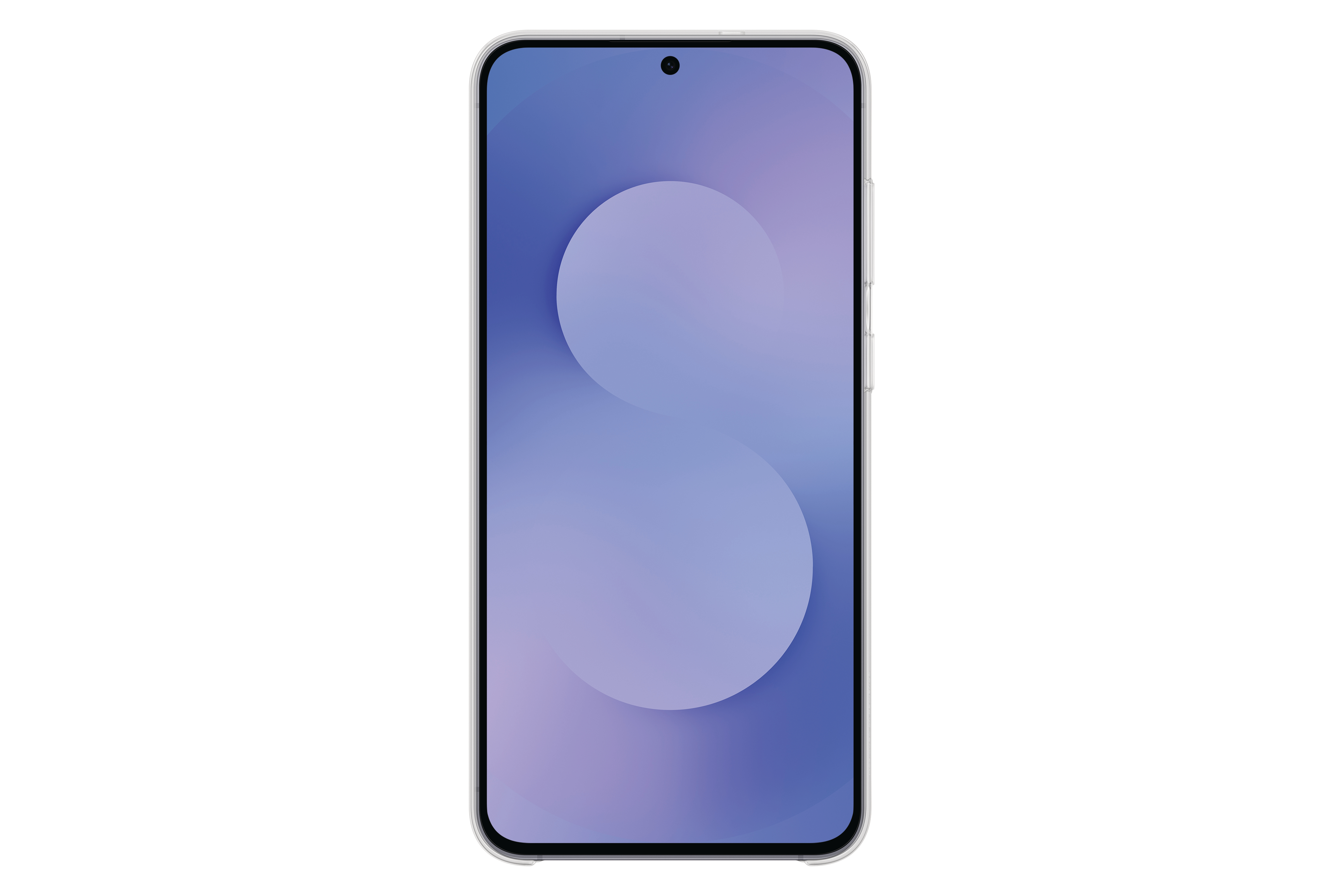 Ein Smartphone mit blau-violettem Farbverlauf auf dem Display, in einer transparenten Hülle vor weißem Hintergrund.
