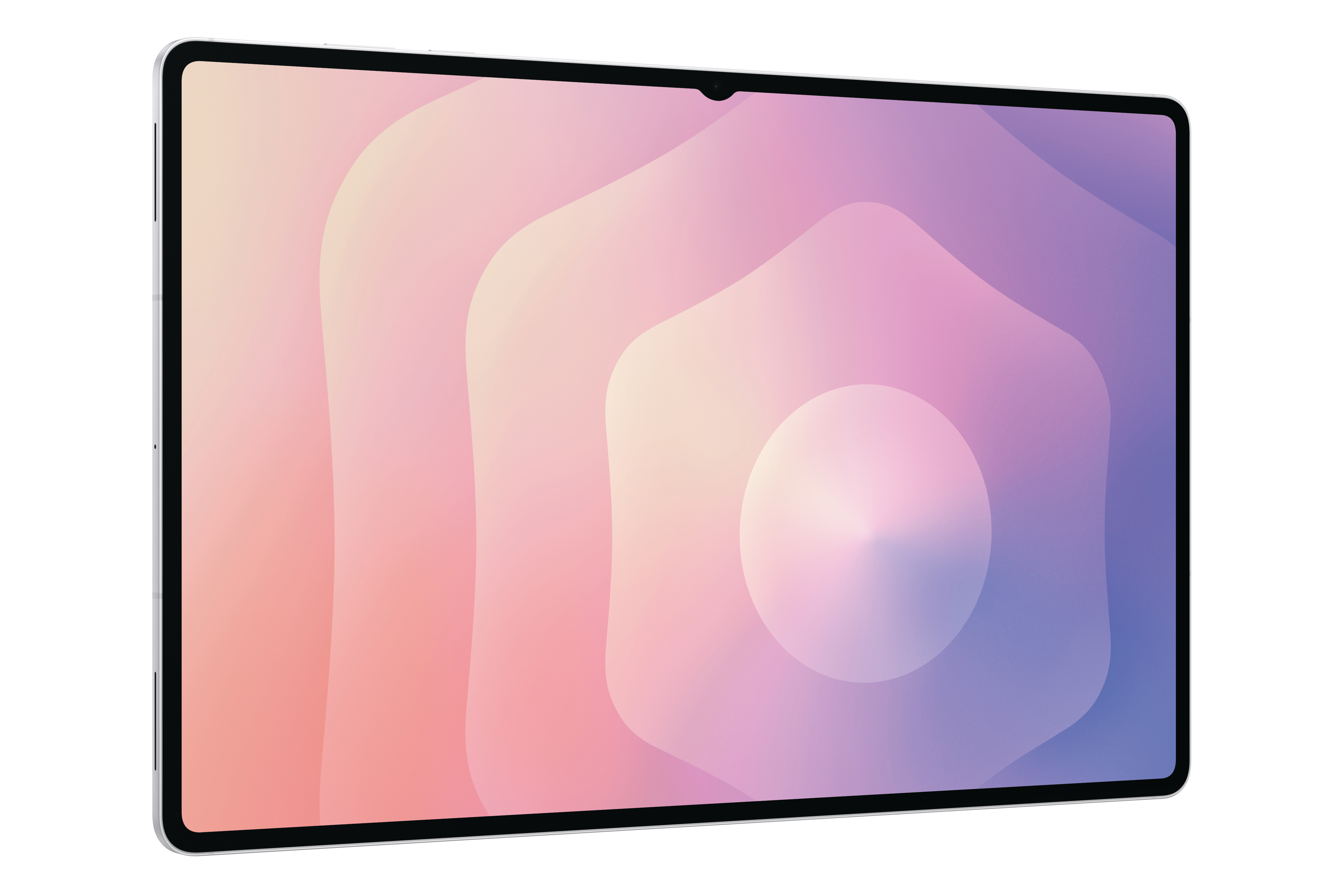 Ein Tablet mit farbenfrohem Gradient-Display. Farben sind Rosa, Lila und Weiß. Das Tablet steht vor weißem Hintergrund.