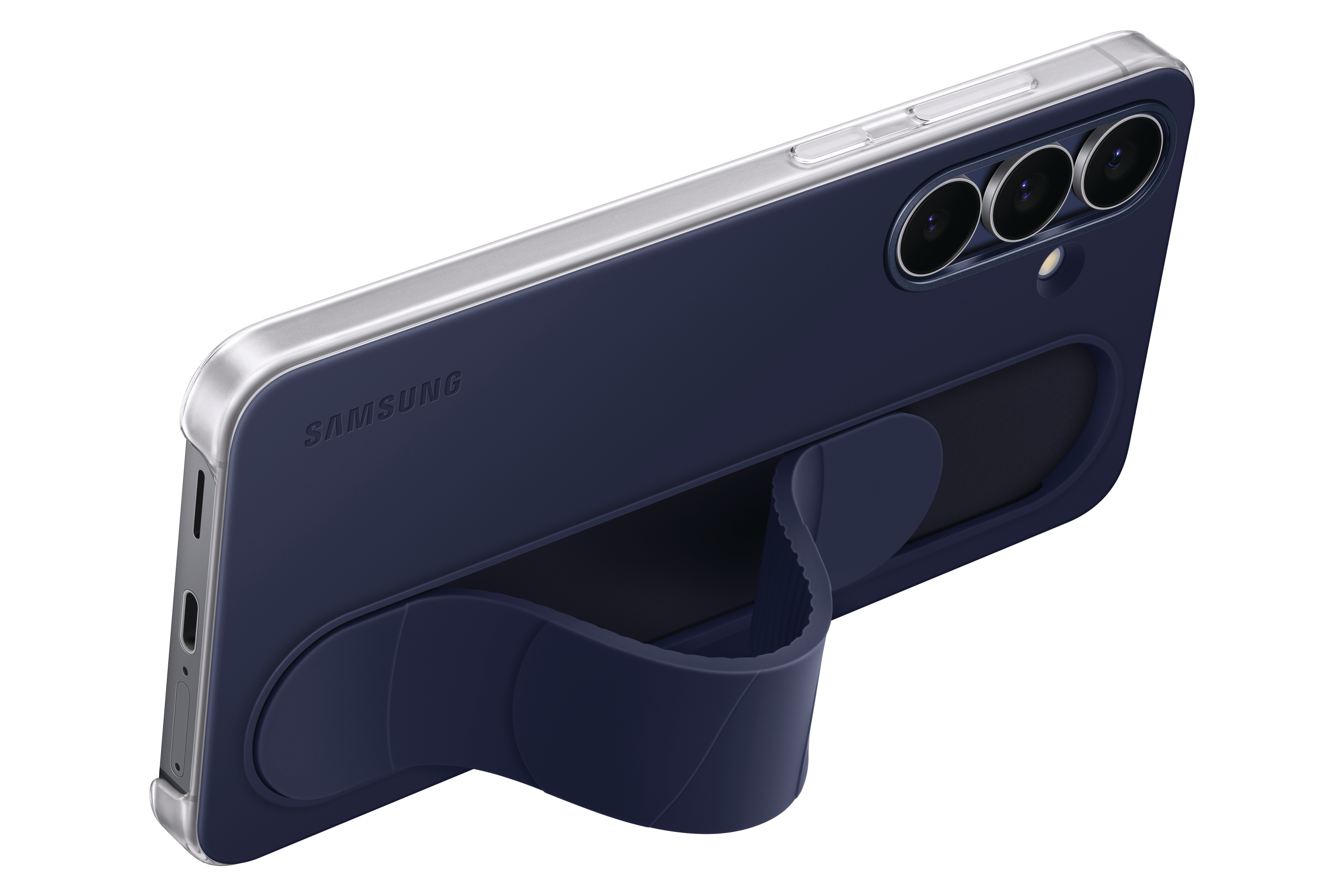Eine marineblaue Samsung-Handyhülle mit Ständer. Das Telefon hat drei Kameralinsen und einen silbernen Rahmen. Der Ständer ist offen.