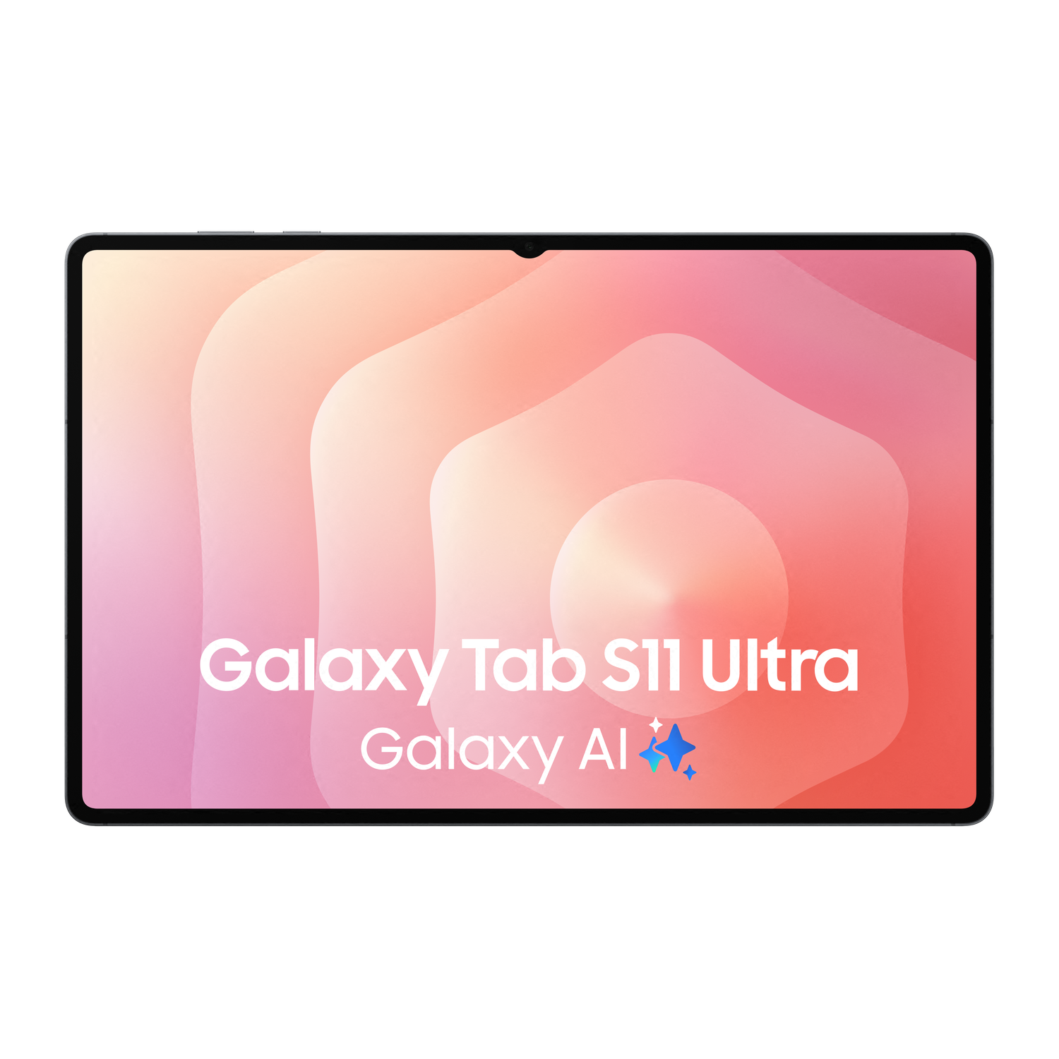 Een tablet met een zwart frame toont een abstract ontwerp in roze en oranje. Witte tekst luidt 'Galaxy Tab S11 Ultra' en 'Galaxy AI'.