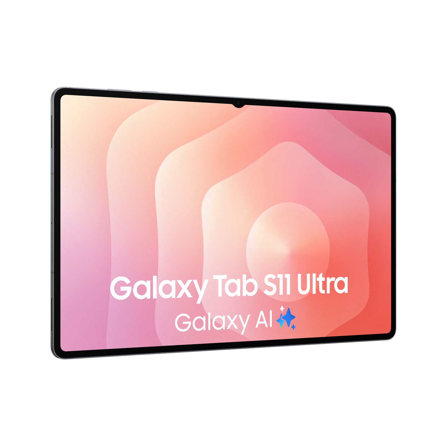 Een tablet met een gradiëntachtergrond van roze en oranje. Het heeft de woorden 'Galaxy Tab S11 Ultra' en 'Galaxy AI' op het scherm.