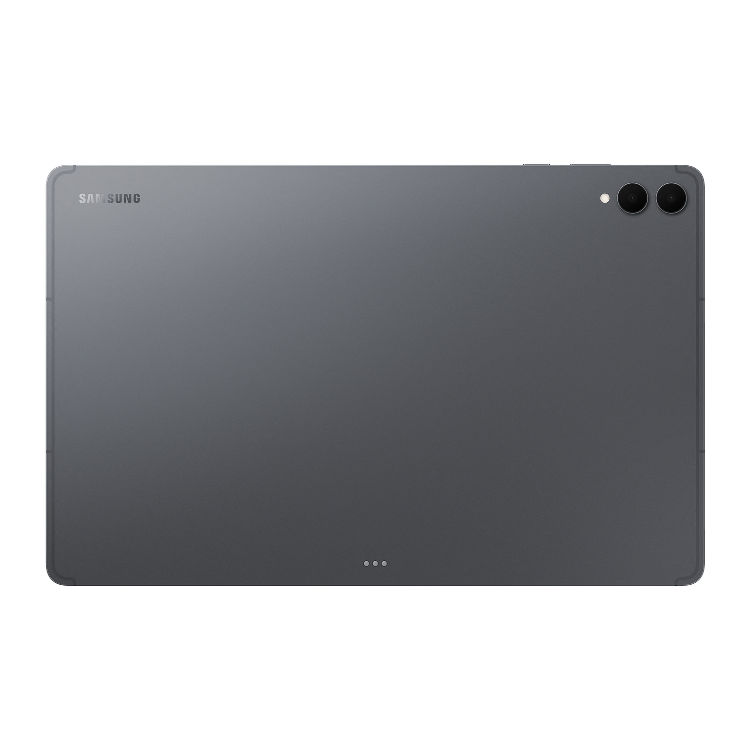 Een grijze Samsung tablet, met de achterkant. Het heeft een camera, flitser en Samsung logo. De achtergrond is zwart.