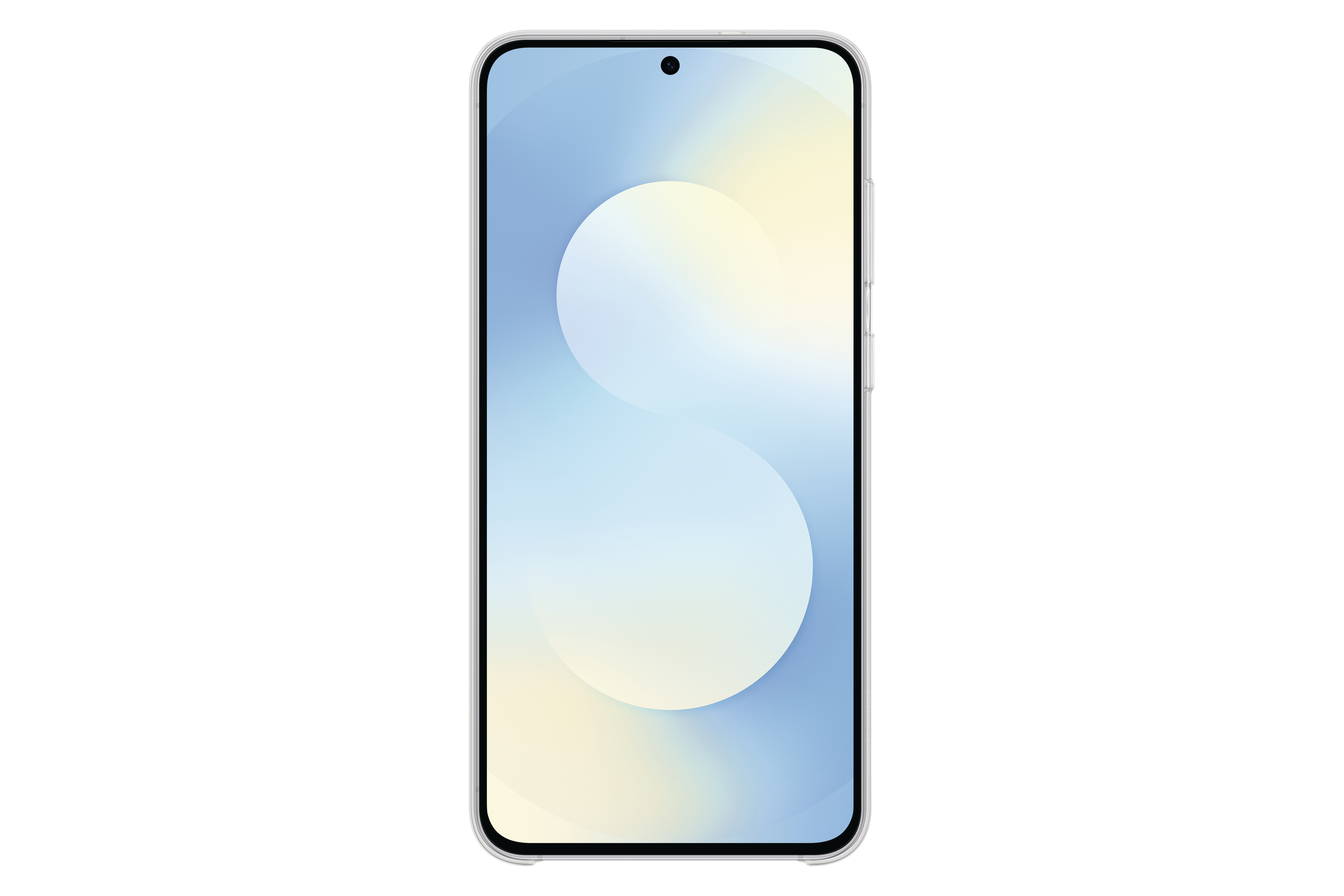 Ein Smartphone mit hellblauem und gelbem Bildschirm. Das Telefon befindet sich in einem Gehäuse auf weißem Hintergrund.