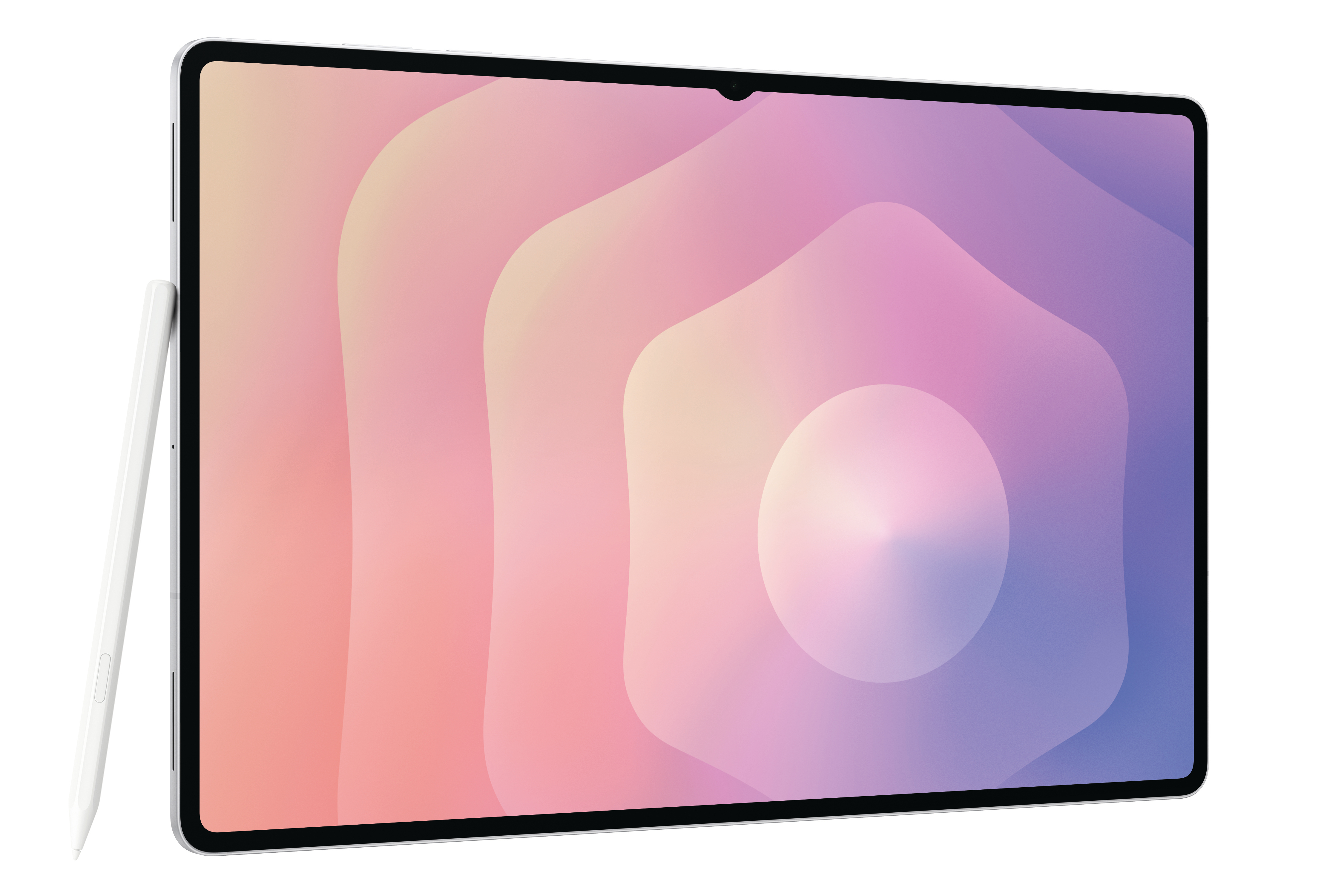 Ein Tablet mit farbenfrohem Farbverlauf und weißem Stift. Der Bildschirm zeigt Rosa-, Pfirsich- und Lilatöne.