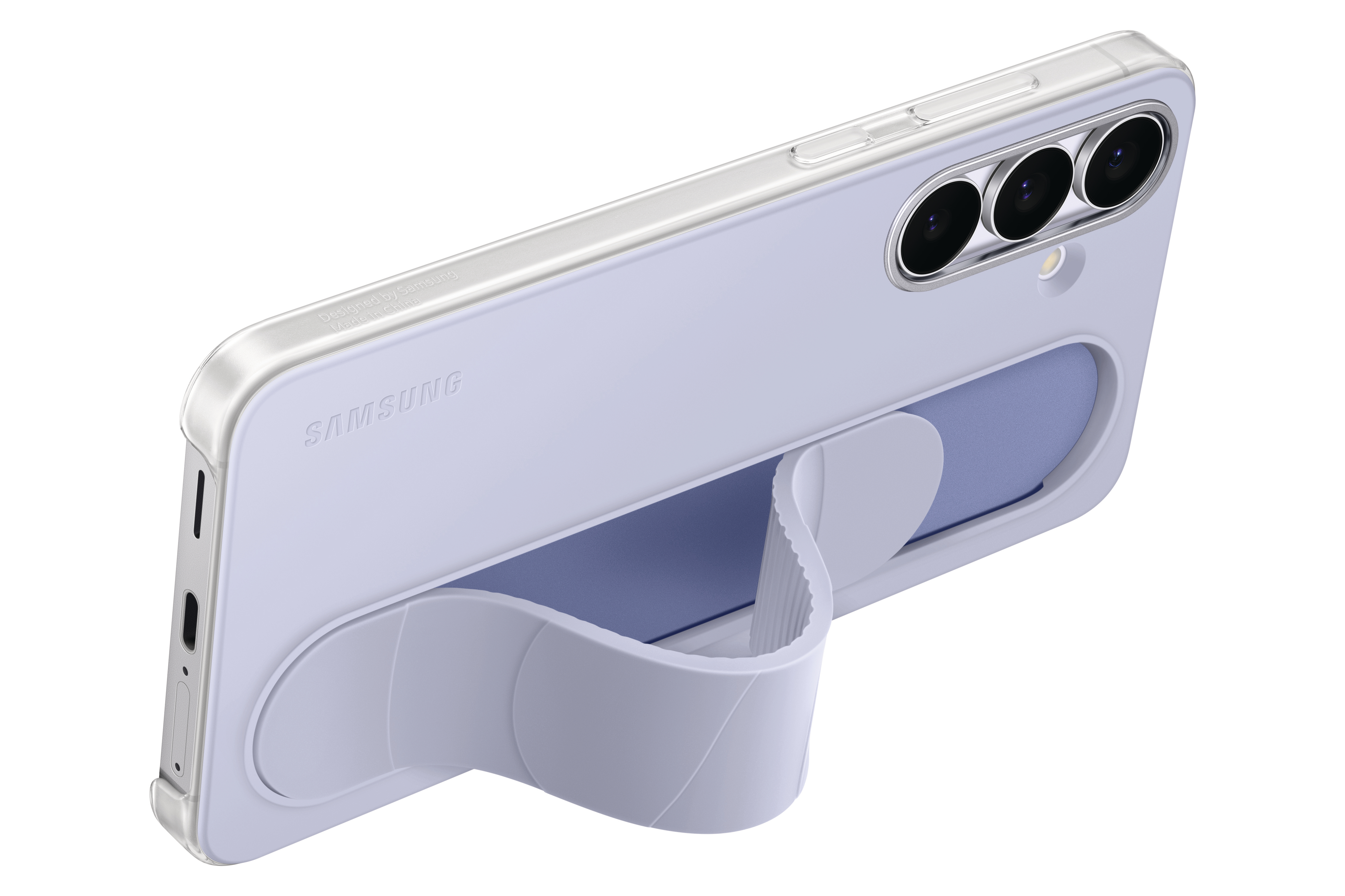 Eine hellviolette Handyhülle mit Halterung und drei Kameralinsen ist abgewinkelt. Das Samsung-Logo ist sichtbar.