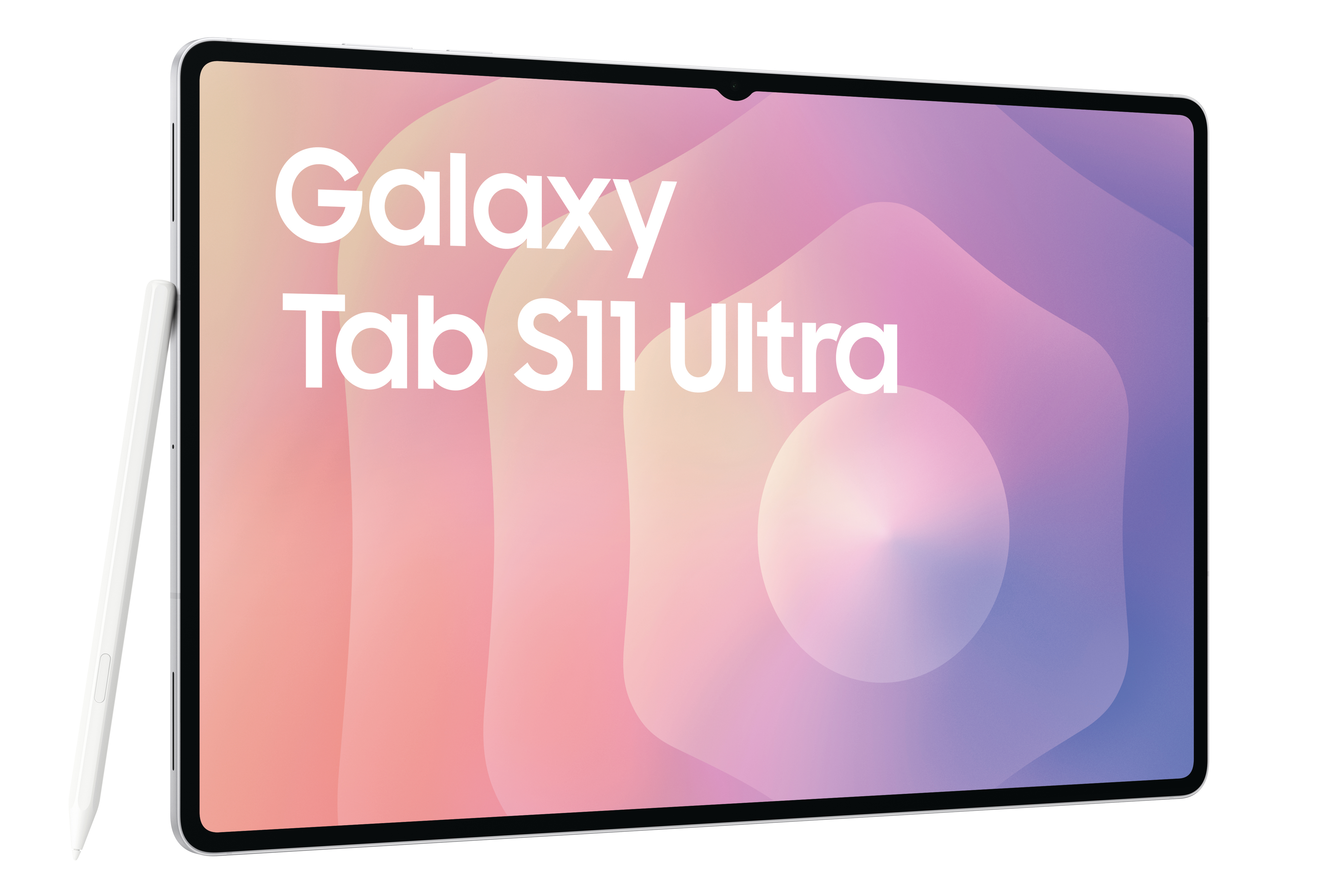 Ein Tablet mit der Aufschrift "Galaxy Tab S11 Ultra" auf dem Bildschirm, zusammen mit einem Stift. Der Hintergrund ist farbenfroh.