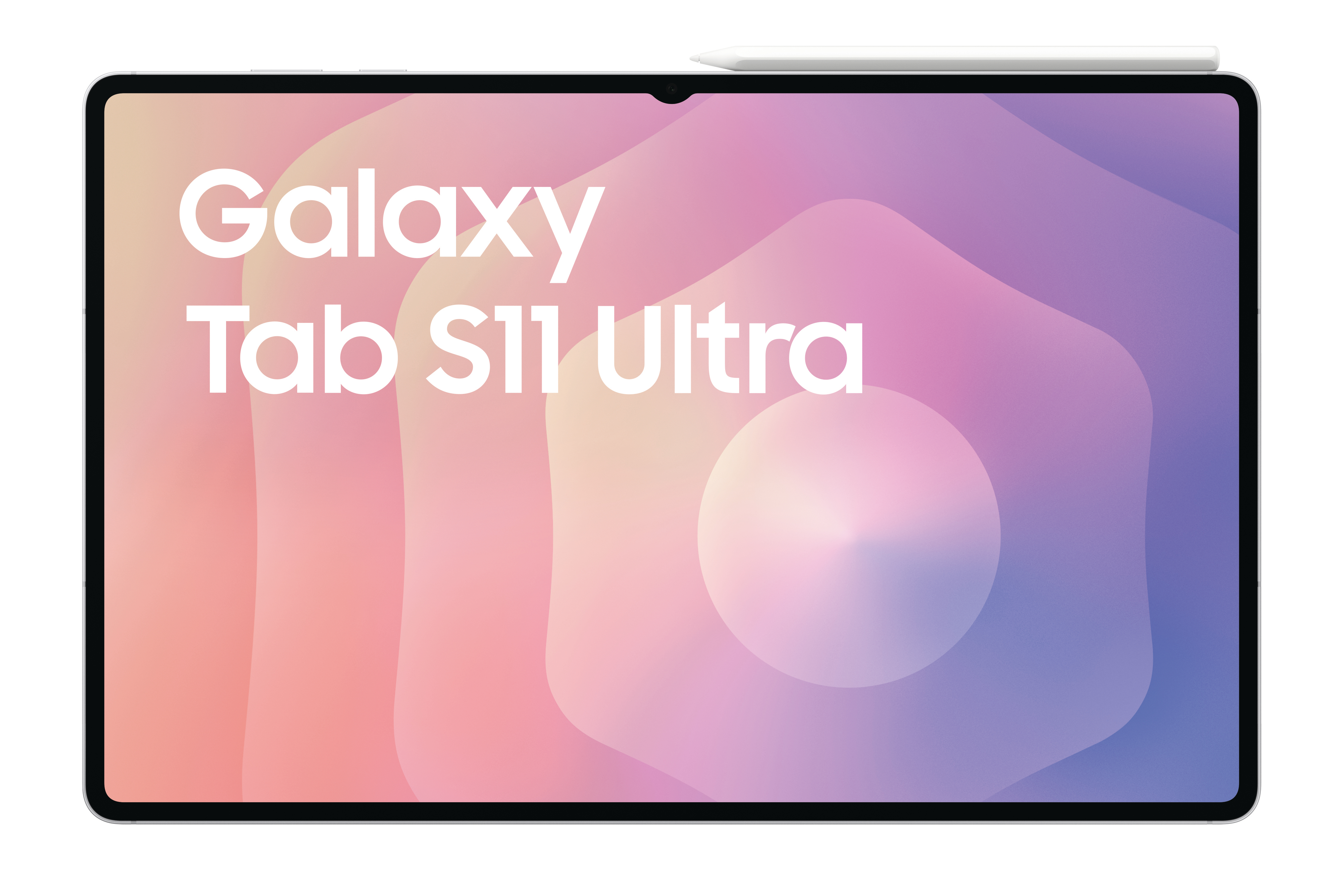 Ein Tablet mit der Aufschrift 'Galaxy Tab S11 Ultra'. Oben liegt ein Stift. Der Hintergrund hat ein Pastell-Design.