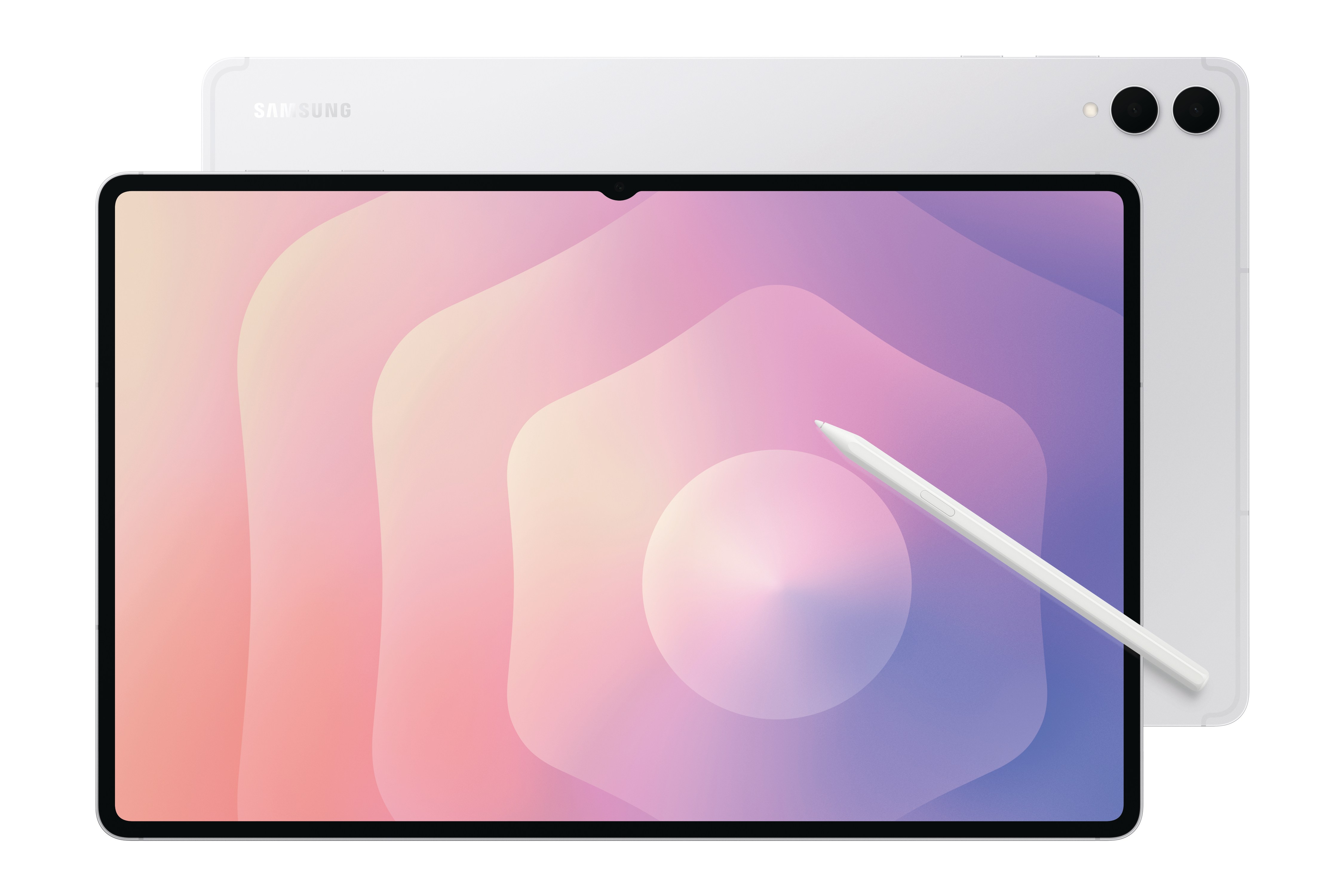 Ein weißes Samsung-Tablet mit Stift, das einen farbenfrohen abstrakten Hintergrund anzeigt. Ein weiteres Tablet befindet sich dahinter.