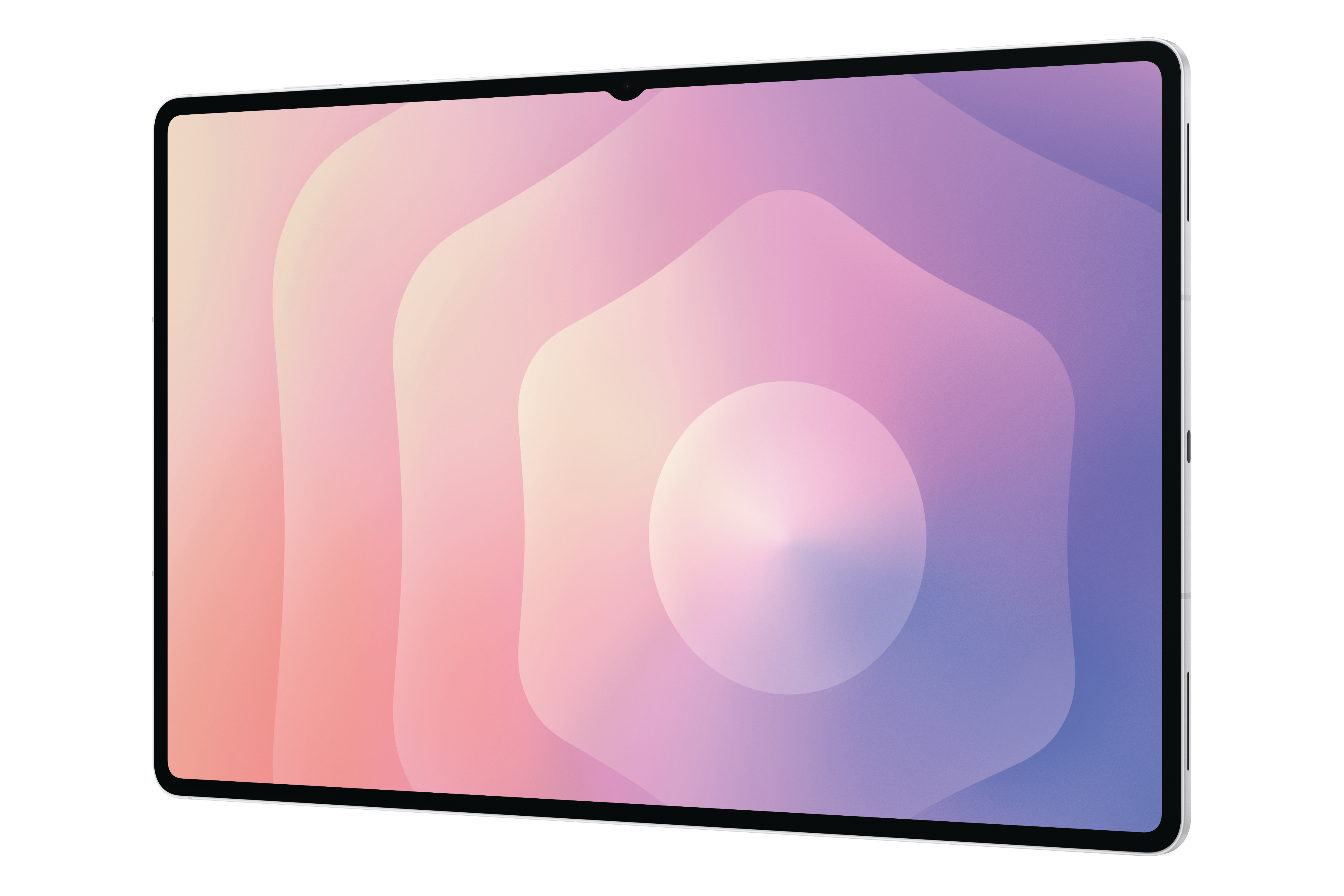 Ein Tablet mit einem Hintergrund aus Pink, Lila und Weiß. Das Tablet ist silbern mit einem schwarzen Rahmen.
