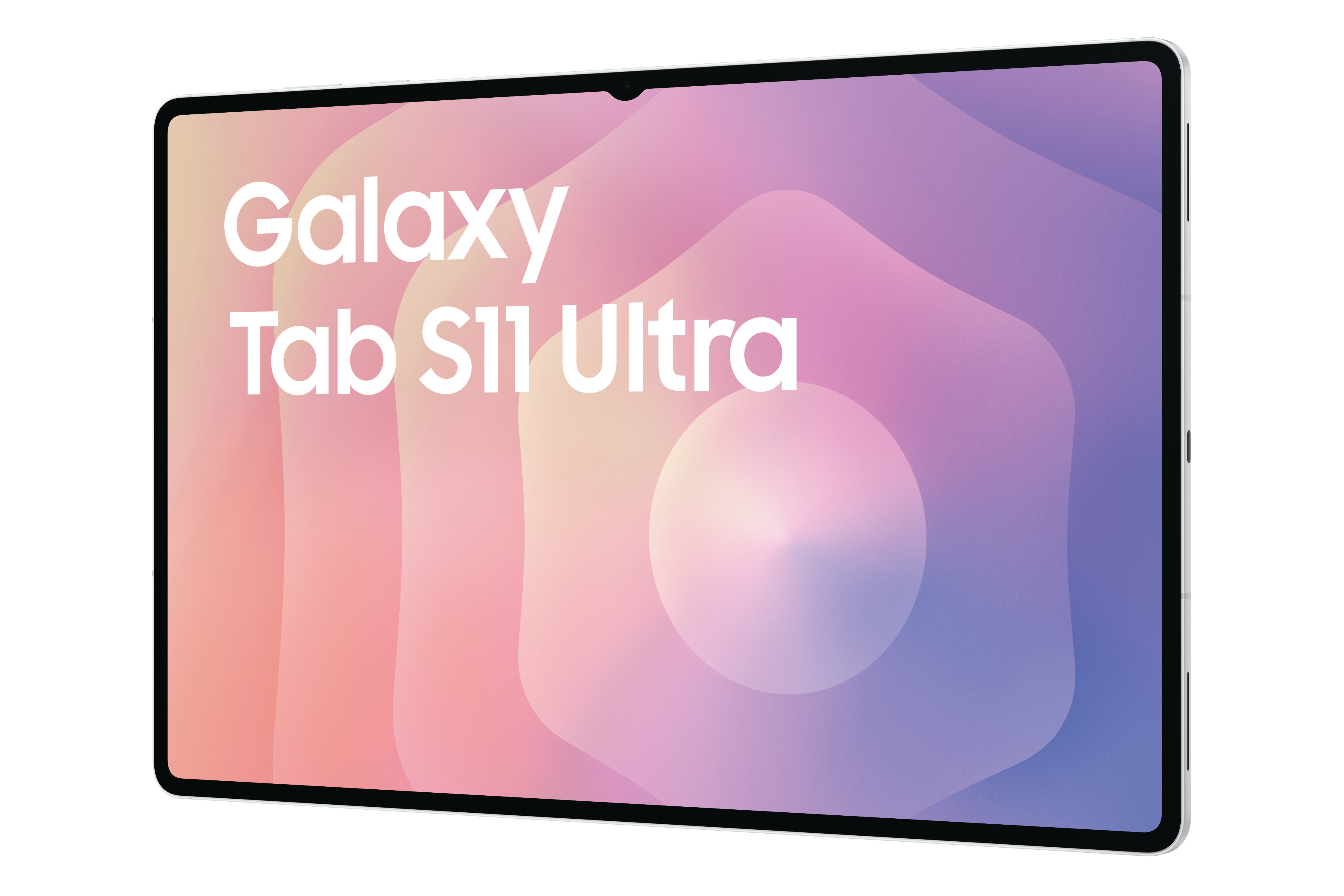 Ein Tablet mit den Worten Galaxy Tab S11 Ultra auf dem Bildschirm. Der Hintergrund hat rosa, lila und weiße Farbverläufe.