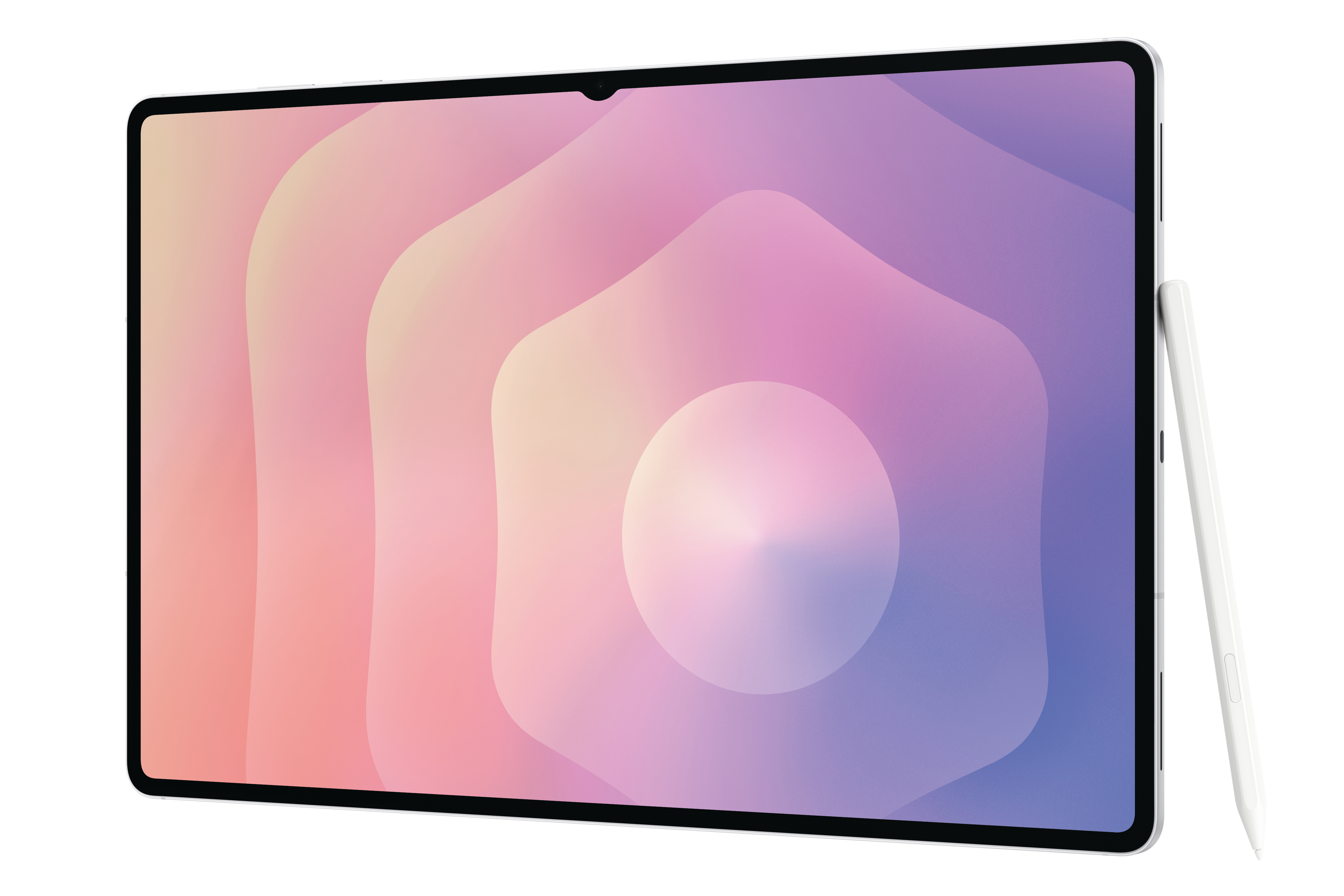 Ein Tablet mit Farbverlaufshintergrund und einem weißen Stift. Der Bildschirm hat Rosa-, Lila- und Gelbtöne.